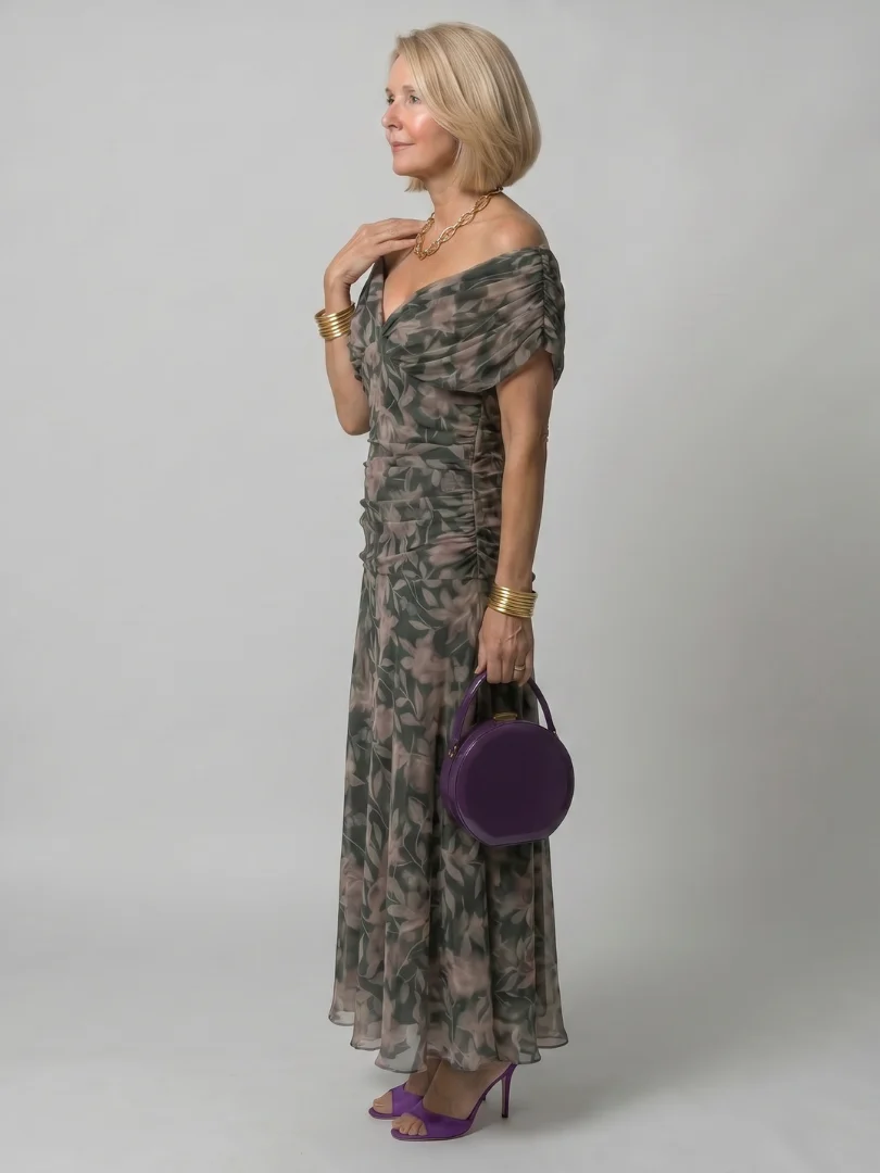 Women��s Off Shoulder Midi Dress Draped Neckline Design