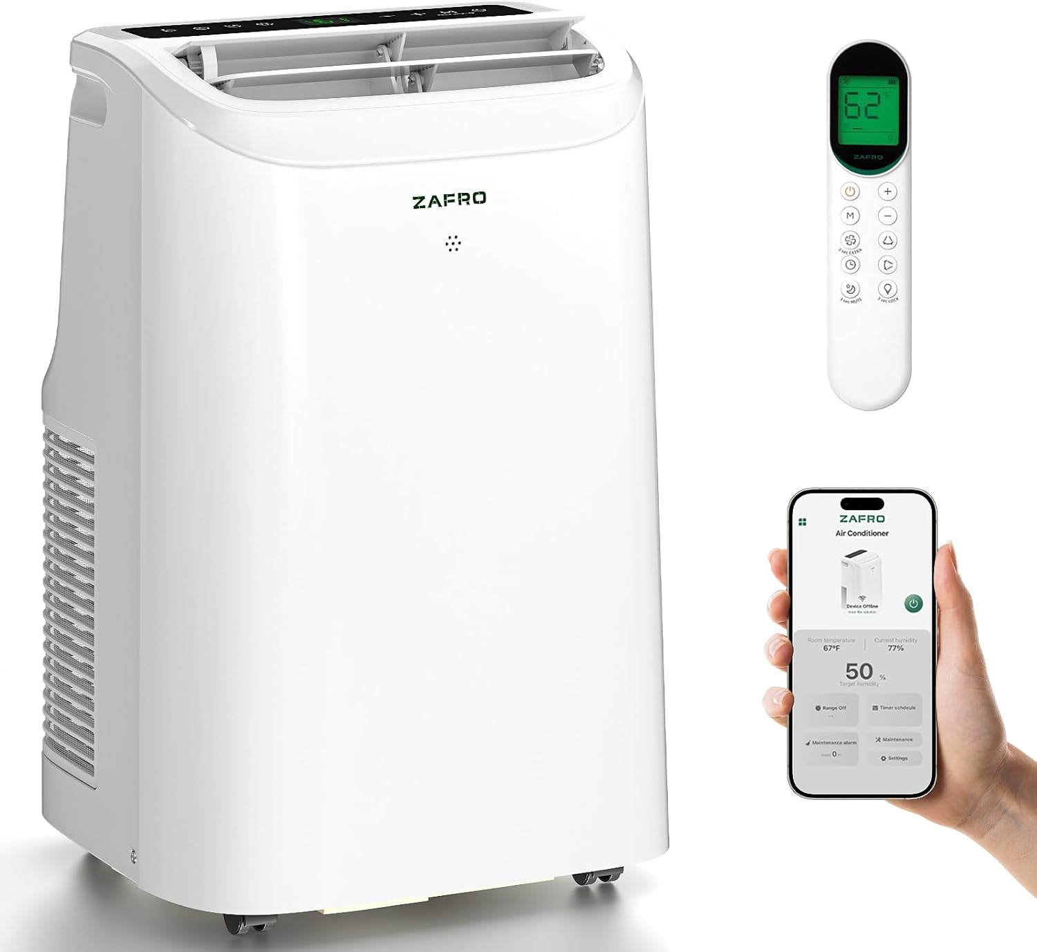 ZAFRO - Tragbare Klimaanlage, 12000 BTU (8000 BTU SACC), tragbarer AC mit Entwässerungskühlung, Lüfter und Luftentfeuchter, intelligente AC-Einheit mit App/Fernbedienung