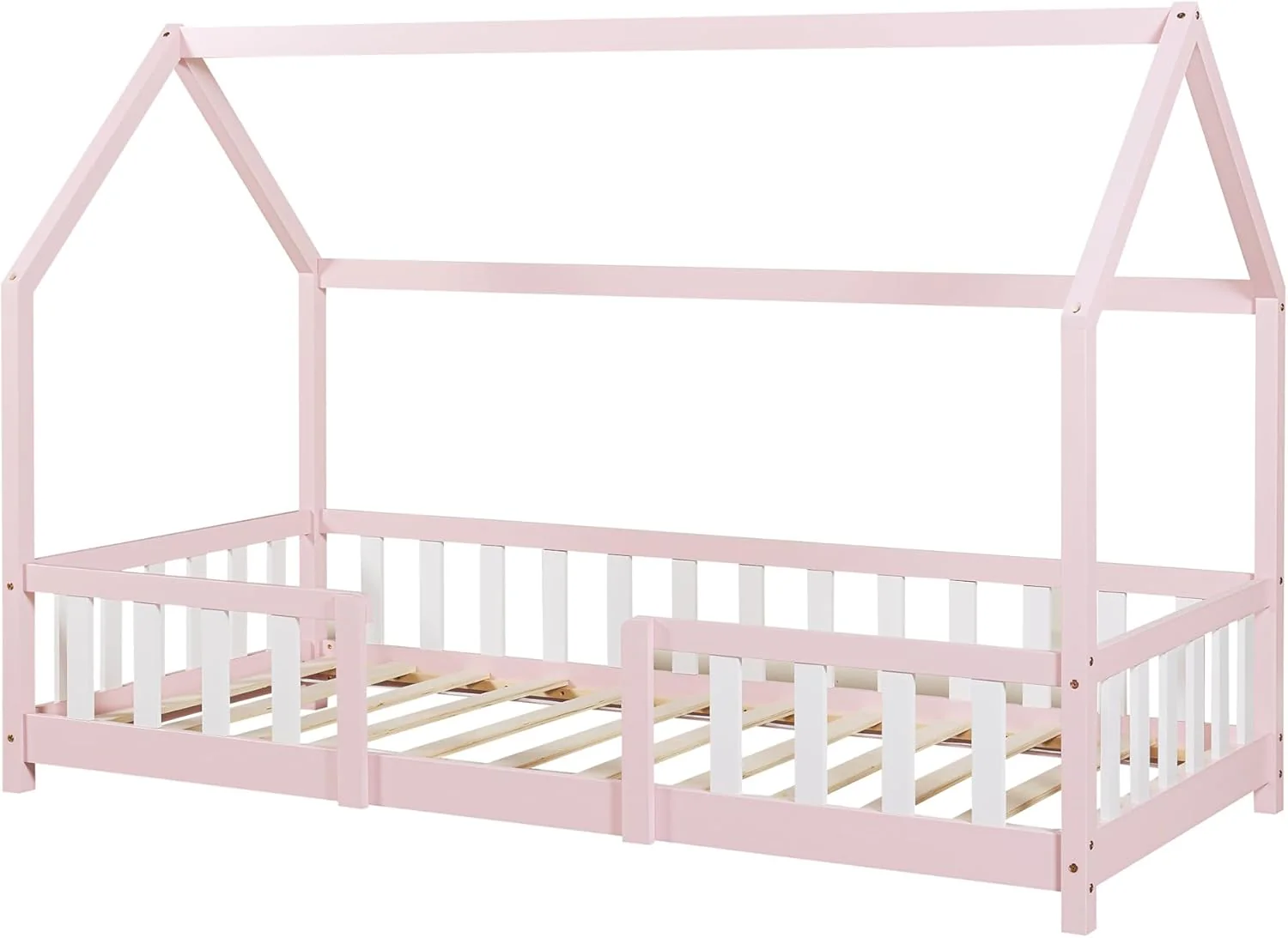[en.casa] Letto per bambini Sisimiut a capanna 80 x 160 cm con protezione anticaduta letto in legno per bambini letto a terra rete a doghe in legno di pino Bianco opaco
