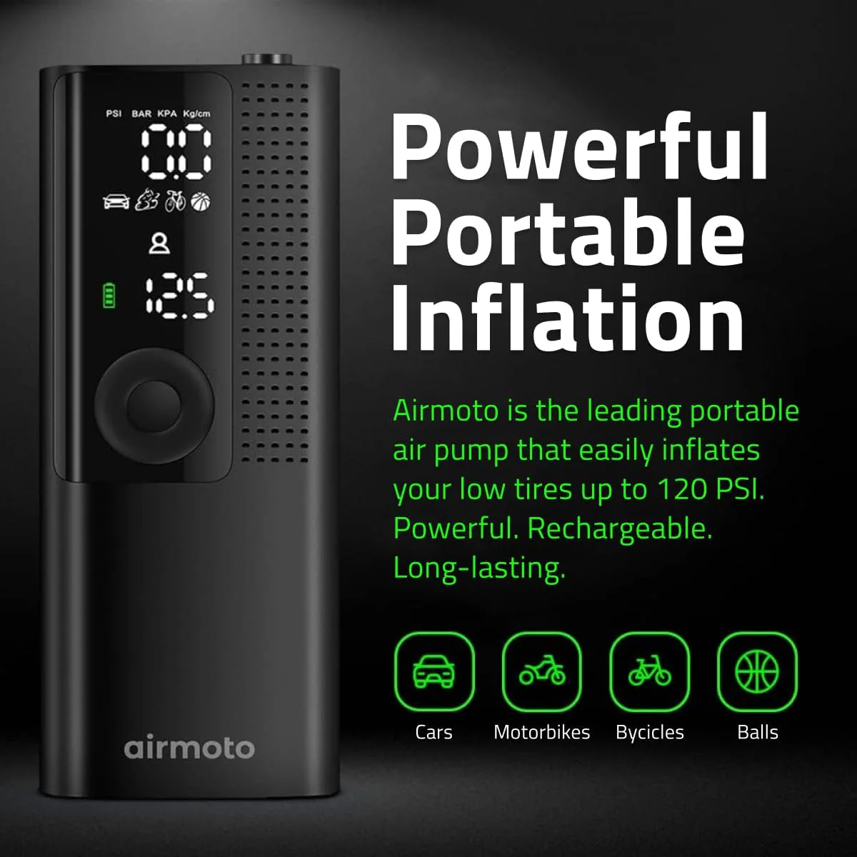 Airmoto Tire Inflator Portable Air Compressor Car Tire Air Pump with Digital Pressure Gauge, LED Light and Auto Shutoff