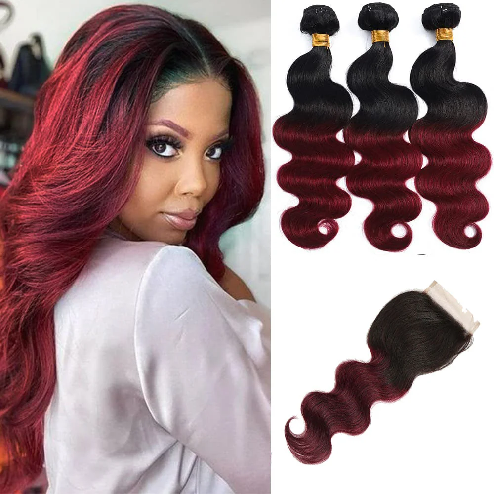 Remy Body Wave Human Hair Bundles With Closure 1B Burgundy Remy Peruvian Dyed Ombre 3 Bundles With Frontal 4x4 Brazilian Human Hair