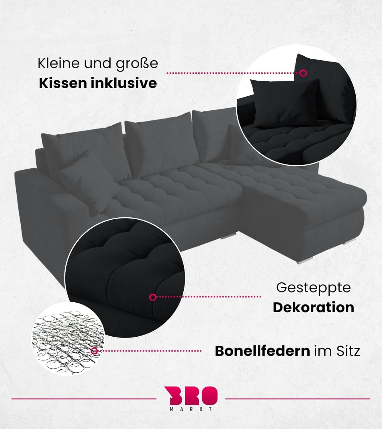 BROMARKT Sofa mit Schlaffunktion Ecksofa L-Form Schlafsofa Couch Bettkasten Wohnzimmer Möbel LUIS Couch 3 Sitzer Bett mit Bezugbehalter 238x150x72 Graphite
