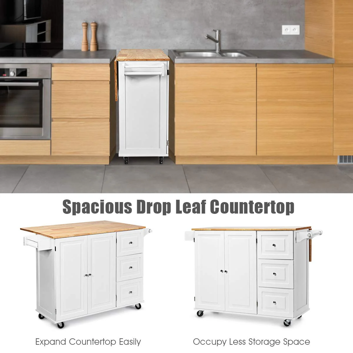Giantex Kitchen Island Cart, Large Trolley Cart w/ Drop-Leaf Tabletop, Large Cabinet, 3 Drawers, Spice Rack, Towel Rack, Rolling Serving Trolley Cabinet