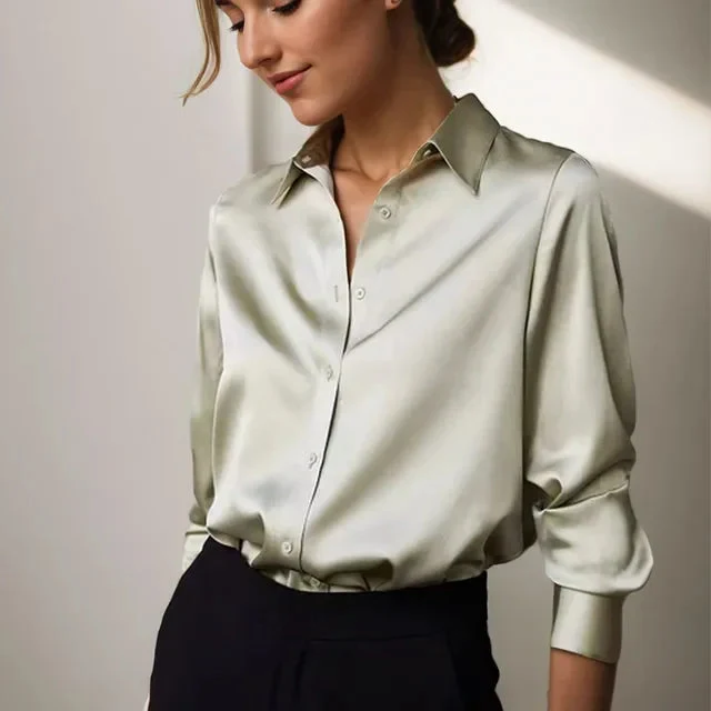 Women��s Satin Blouse Classic Button Down Elegant Design