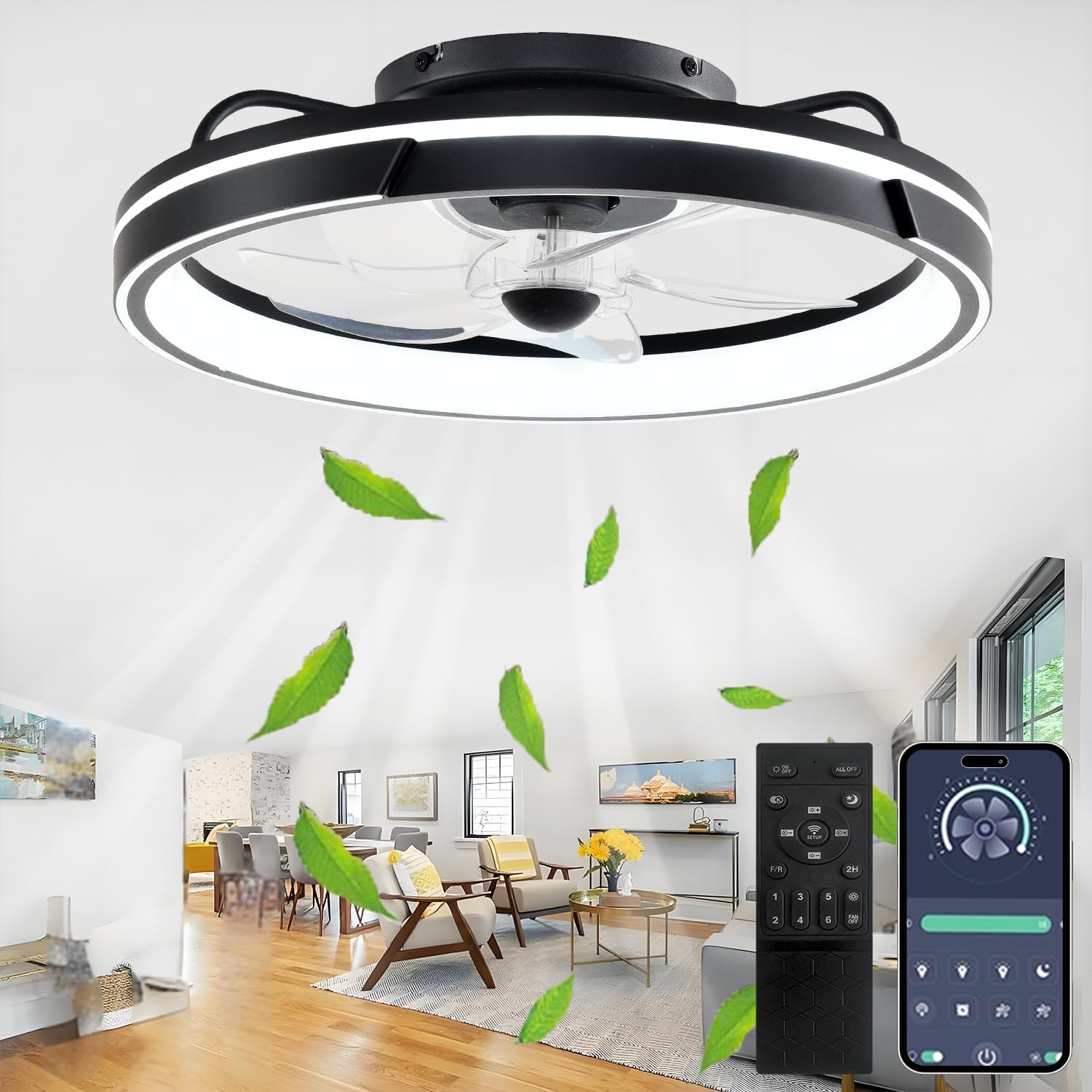 LED Deckenventilator mit Beleuchtung und Fernbedienung, Leise, 64W APP Dimmbare Deckenleuchte mit Ventilator, Umkehrbare 6-Speed Lampe mit Ventilator, 5 Lüfterflügel, Timer, (Schwarz)
