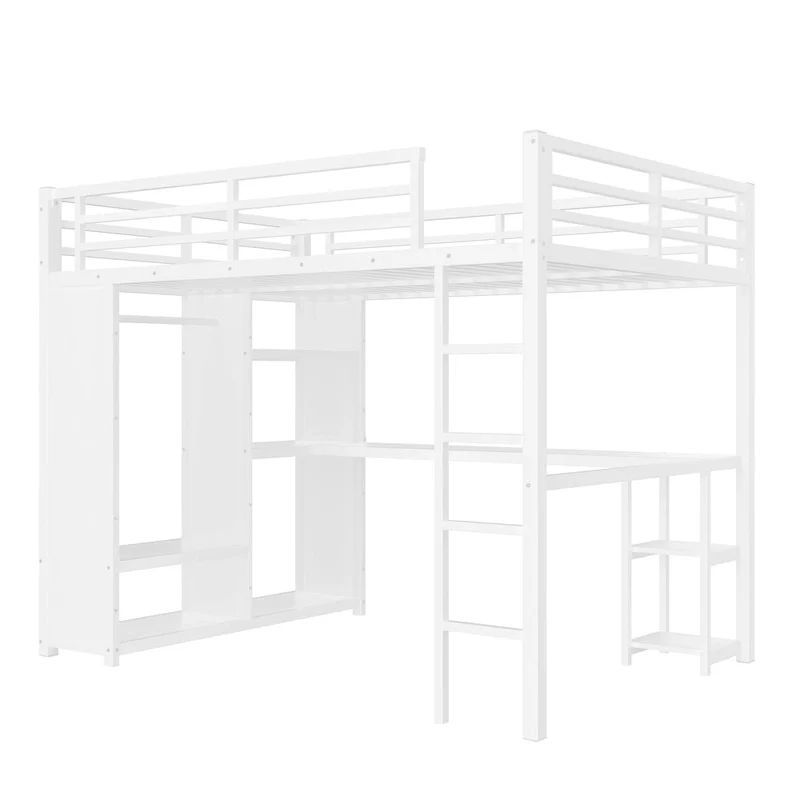 Queen Loft Bed - Built-in Wardrobe & Desk, Metal Frame with Shelves