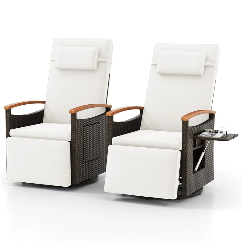 Outdoor Rattan 360° Swivel Recliner Chair, Patio Wicker Chaise Lounge Chair with Adjustable Backrest & Footrest, Flip Side Table & Cushions