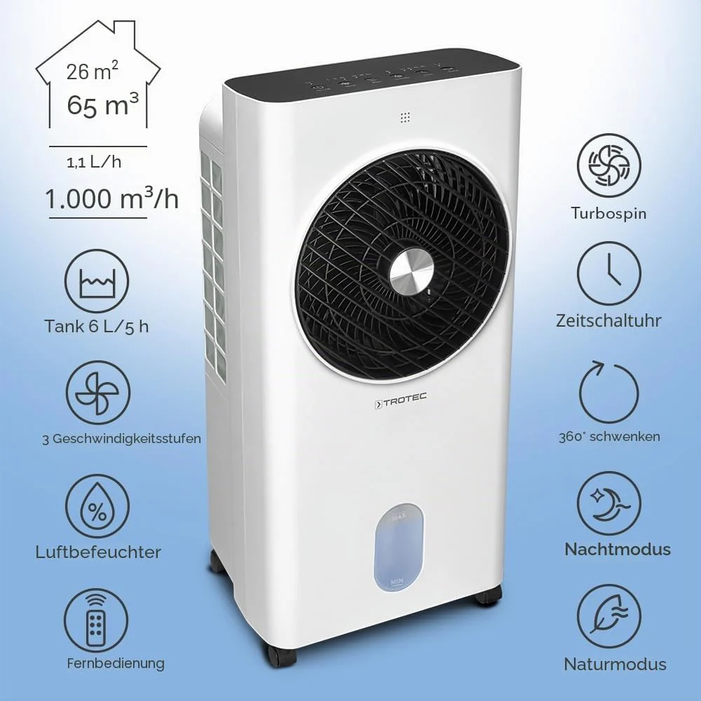 TROTEC Aircooler PAE 31 mobil léghűtő, 3 az 1-ben léghűtő, párásító és ventilátor, 6 l-es tartály, 1,1 l/h párologtatási teljesítmény, 3 ventilátorfokozat, időzítő, éjszakai üzemmód