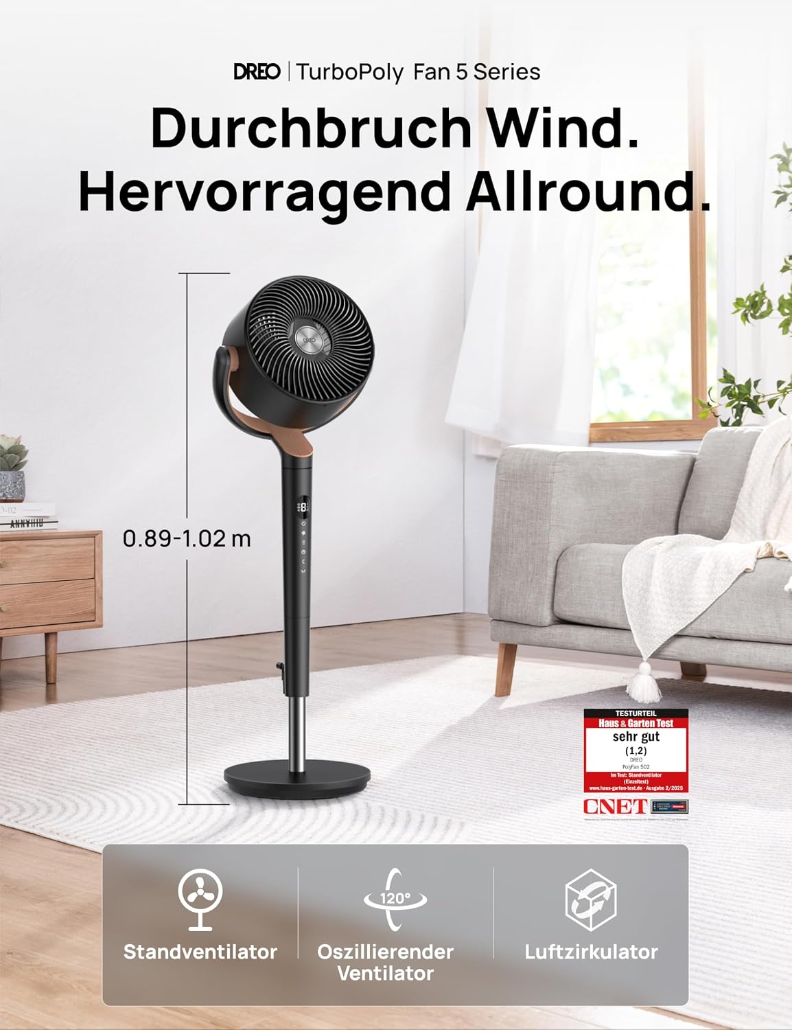 DREO 23dB leiser Standventilator, 120°+120° Omni-direktionale oszillierende Ventilator, 27M Windentfernung, 1615 m³/h Luftvolumen Echt Turbo-Luftzirkulator Fans, 89-102cm Höhe 3 Modi 8-Geschwindigkeit