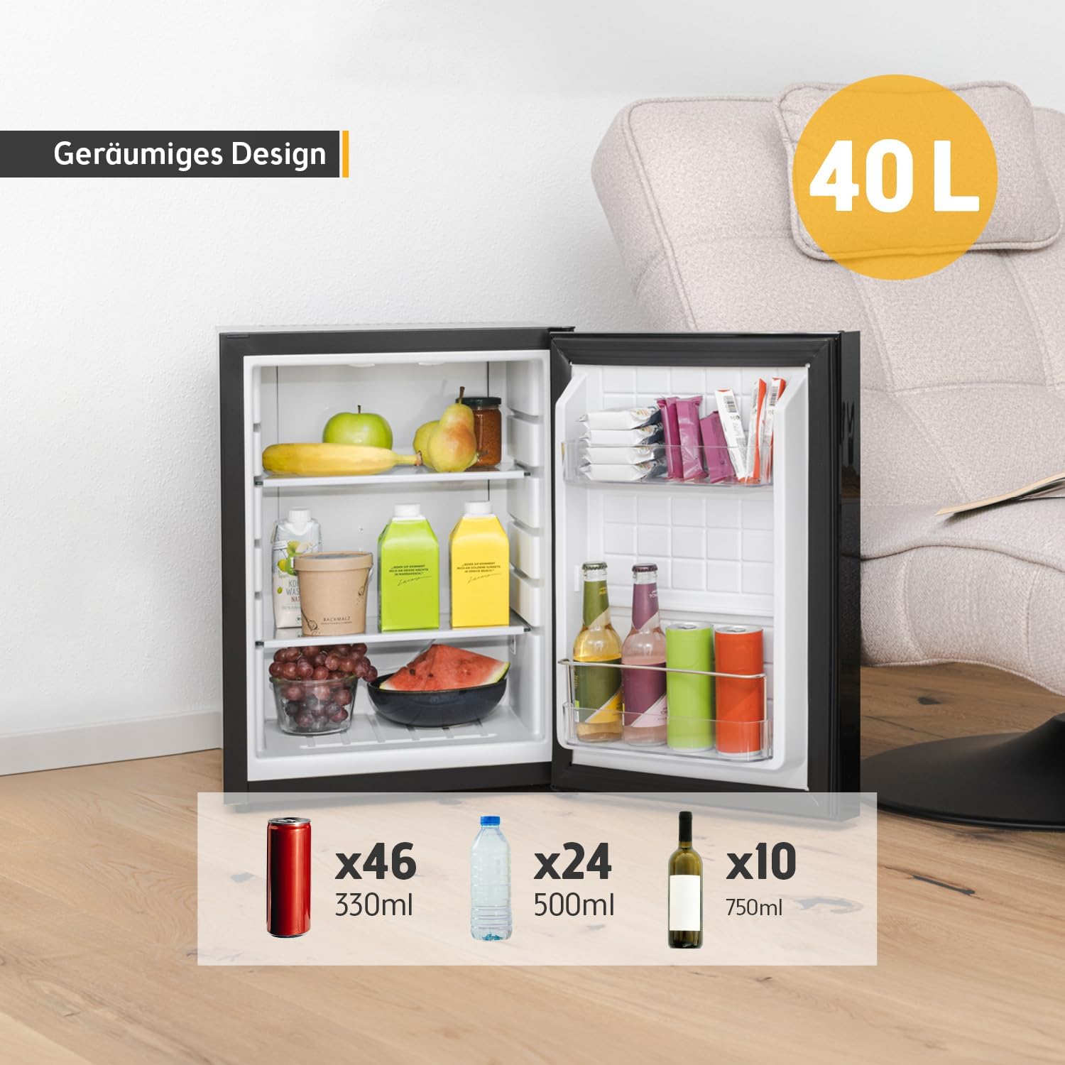 TZS First Austria - Mini Kühlschrank 40L lautlos - Kleiner Minikühlschrank wechselbarer Türanschlag & Innenbeleuchtung - Minibar für Camping, Büro, Schlafzimmer & Hotel - Glasfront