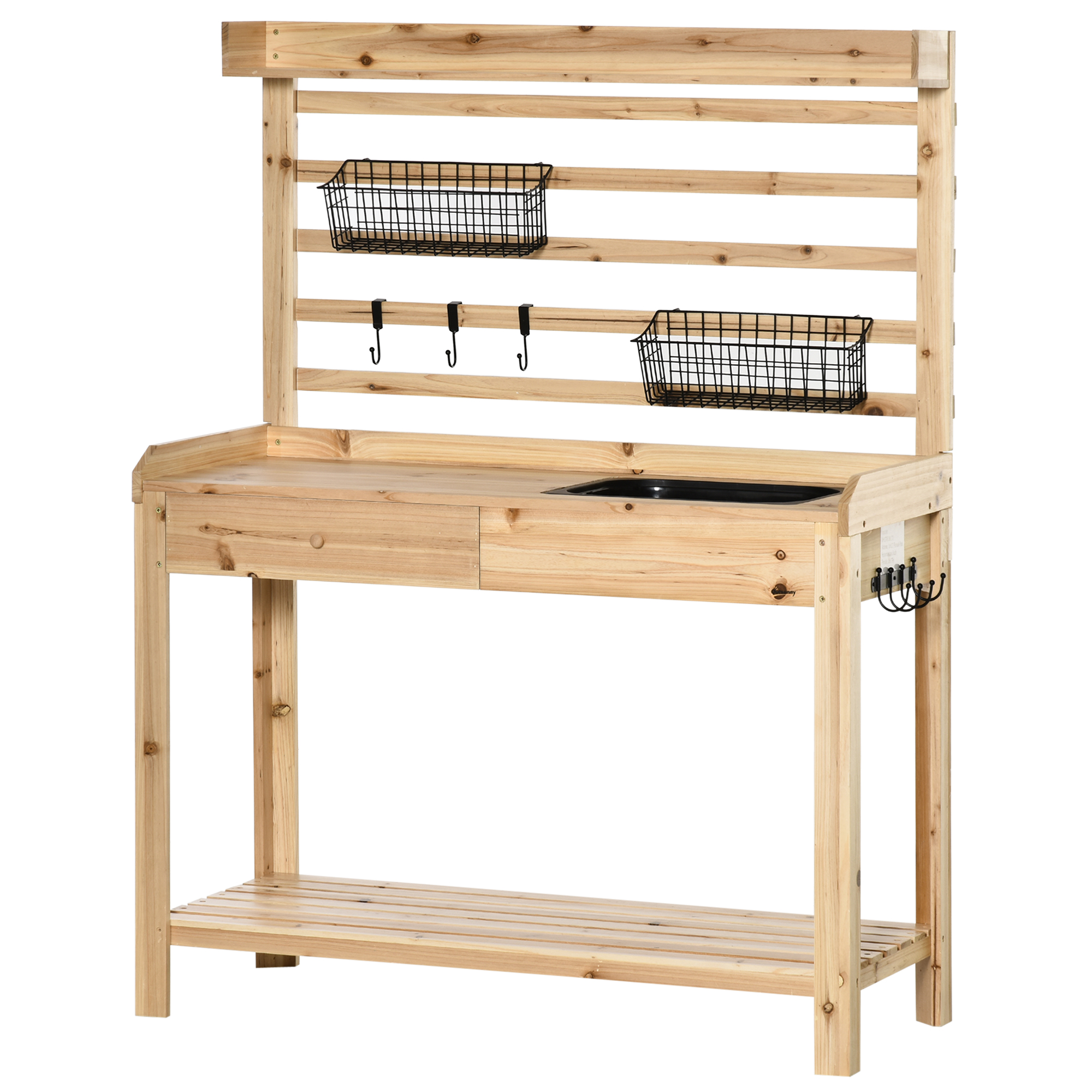 Outsunny Planttafel Tuintafel met Wastafel Houten Bloementafel met Ladehaak Mandplank Tuinterras Naturel 107,5 x 46 x 142 cm