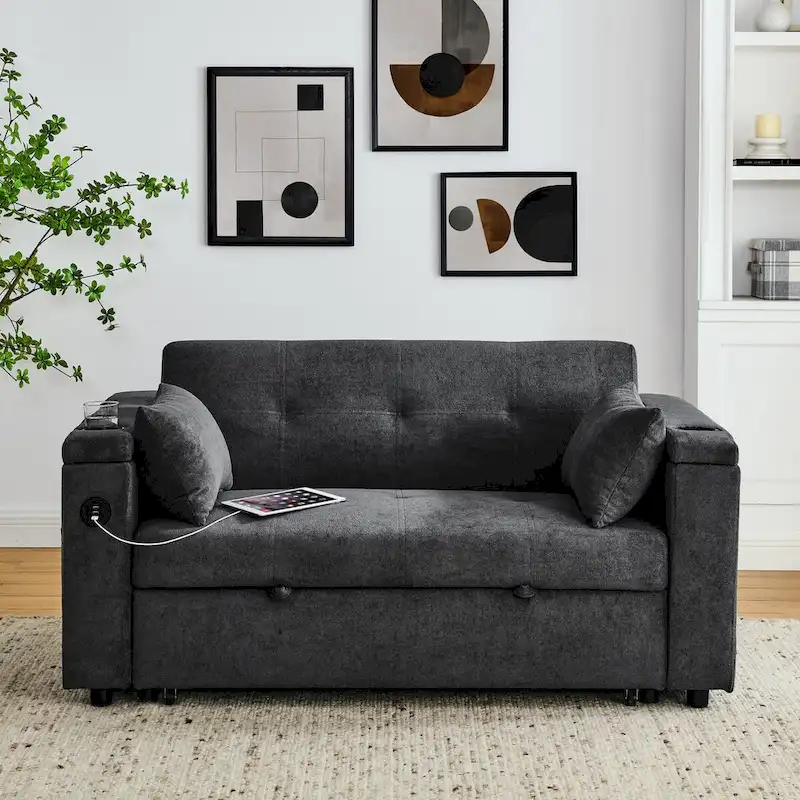 54 Pull-Out Sleeper Sofa Bed, 2 Seat Recliner Sofa Bed with Storage, Lumbar Pillow, USB Power Outlet