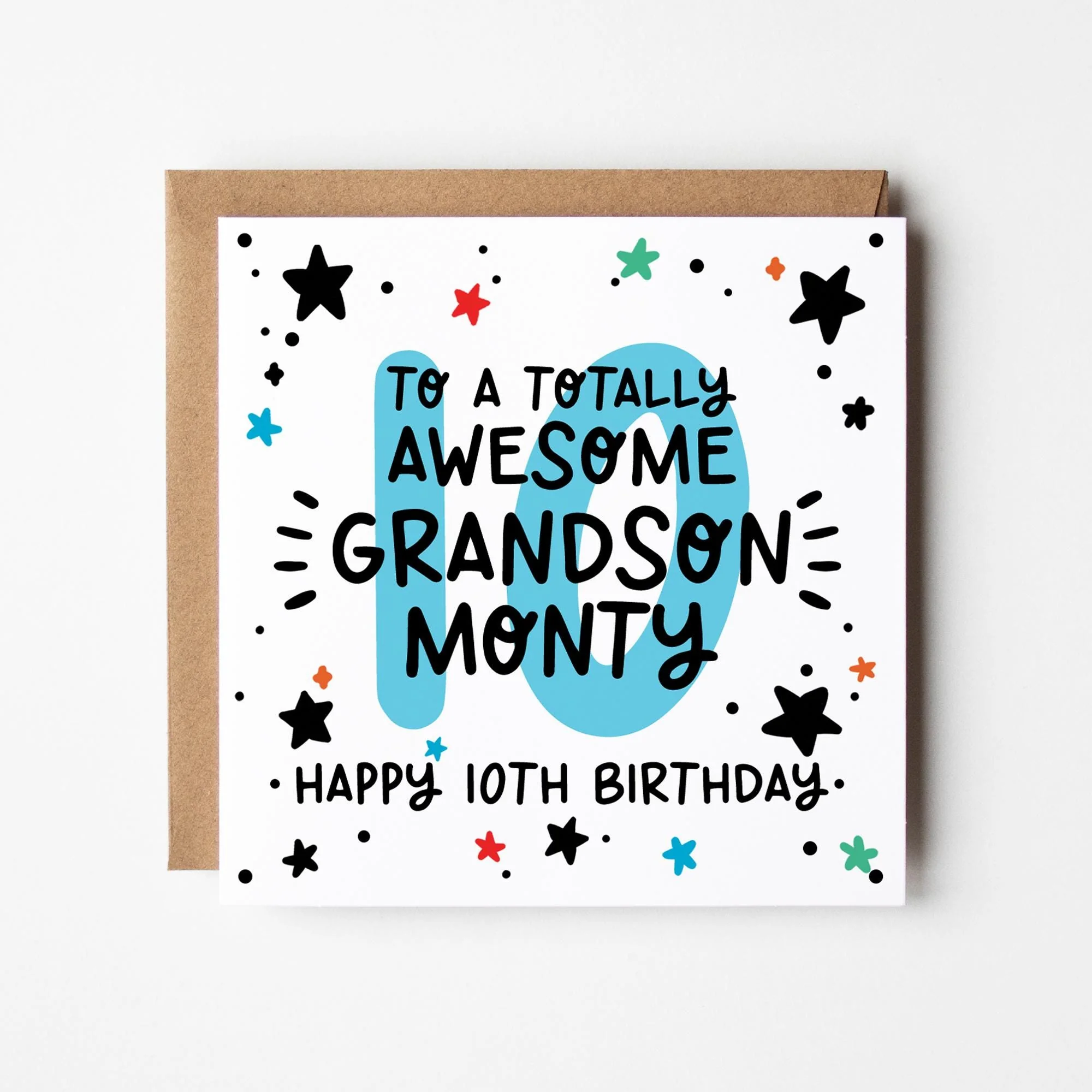 Grandson 10th Birthday Card: Personalised with Kraft envelope
