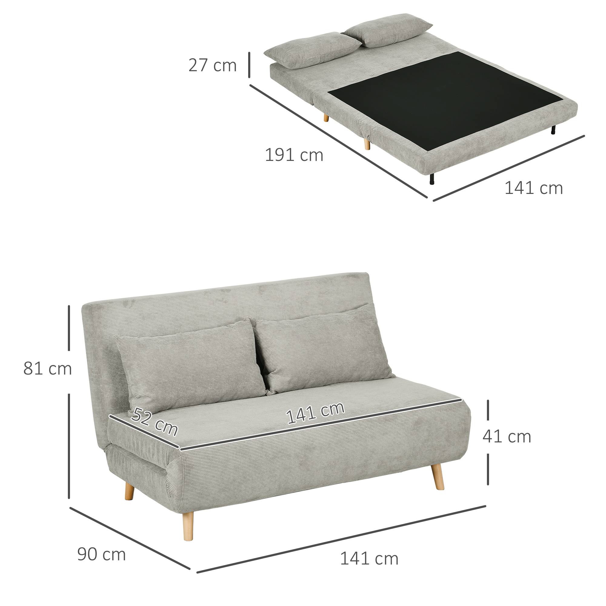 HOMCOM Slaapbank, Logeerbed, 3-standen Verstelbare Rugleuning, Linnenlook, tot 120 kg, 141 x 90 x 81 cm, Grijs
