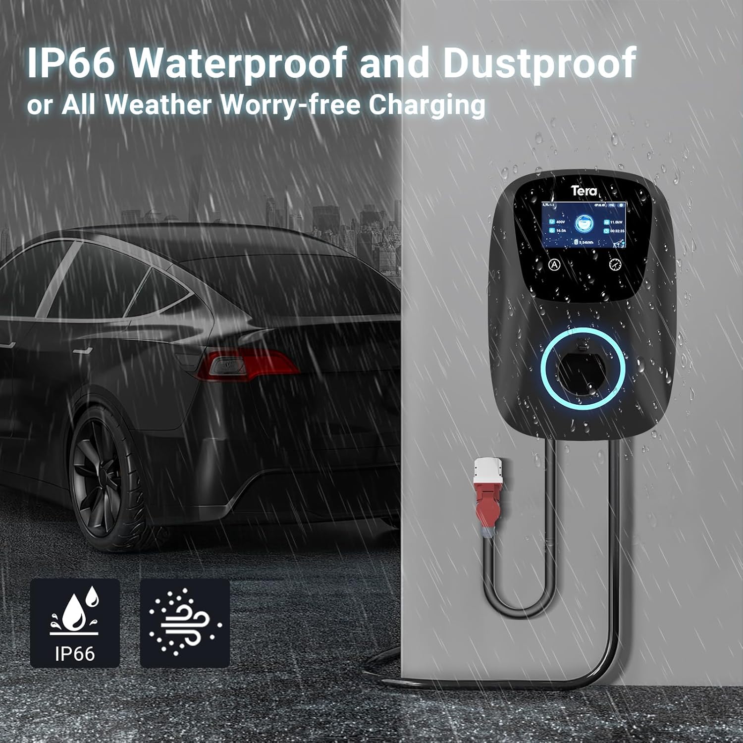 Tera Smart EV Ladegerät Typ 2 Wallbox mit APP 11kW 16A 400V CE&TÜV mit Wlan & Bluetooth 7m Ladekabel mit Ladegerätehalter Heim Wallbox CEE 3-Phasen Stecker für EVs & PHEV W01 Schwarz