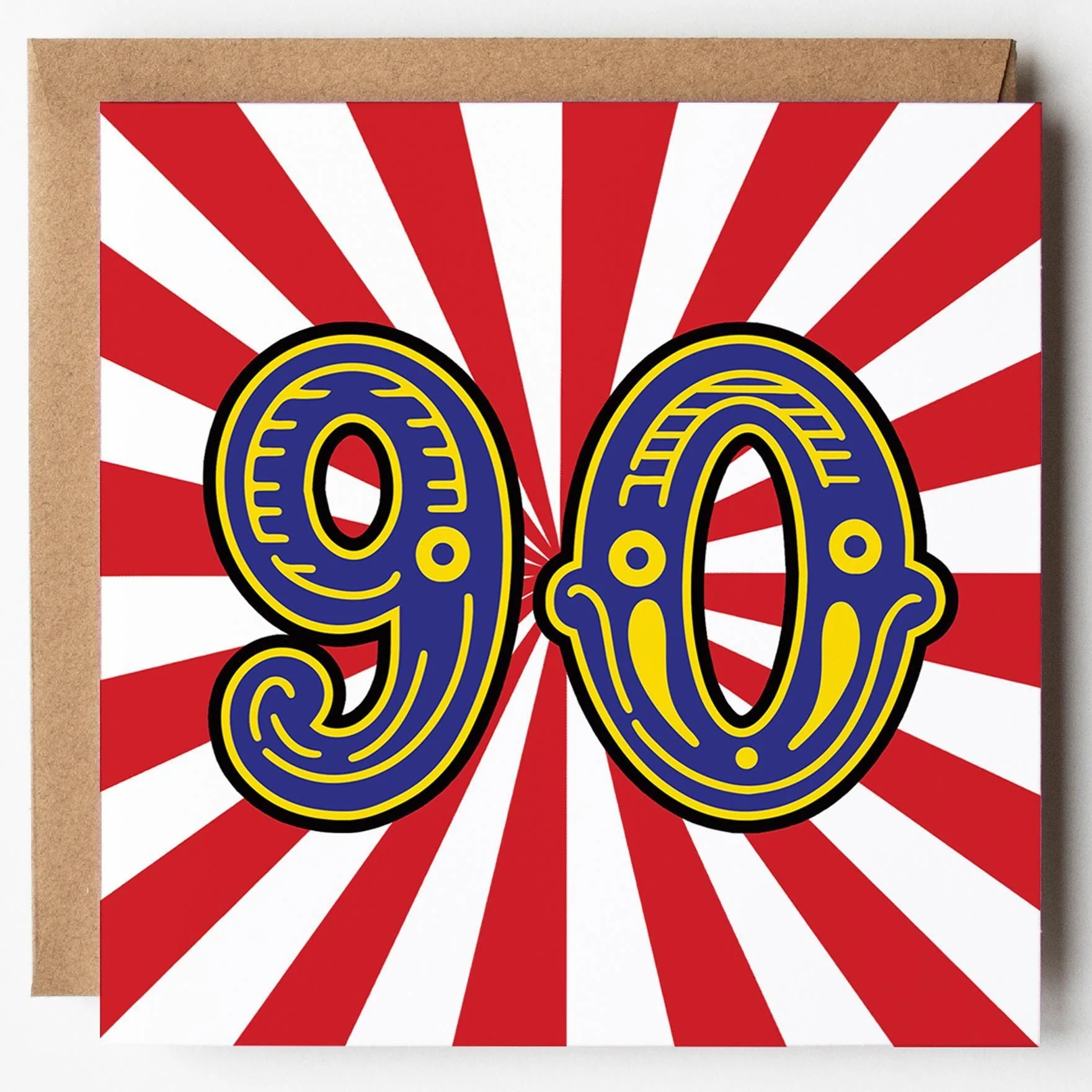 90th Birthday Card: Circus Theme with Kraft envelope