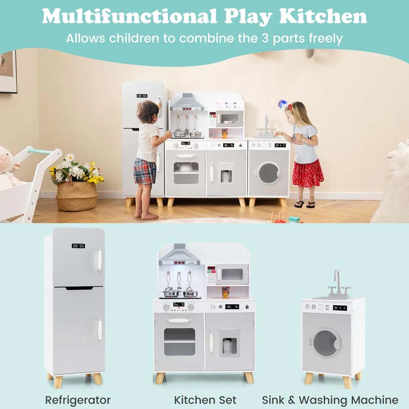 3-Piece Modular Kids Kitchen Playset, Wooden Little Chef Pretend Play Kitchen Set with Refrigerator, Washing Machine, Range Hood & Stove for Toddlers