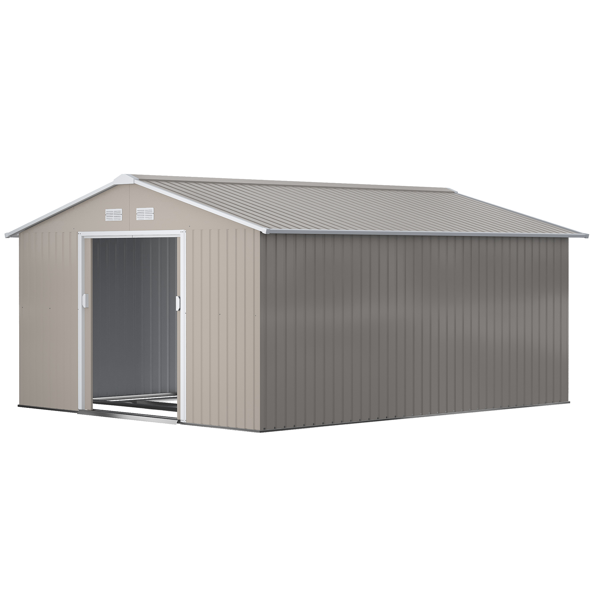 Outsunny Tuinschuur, Weerbestendig Tuinhuis voor Tuingereedschap, met Ventilatieramen, Schuifdeuren, Staal, Lichtgrijs