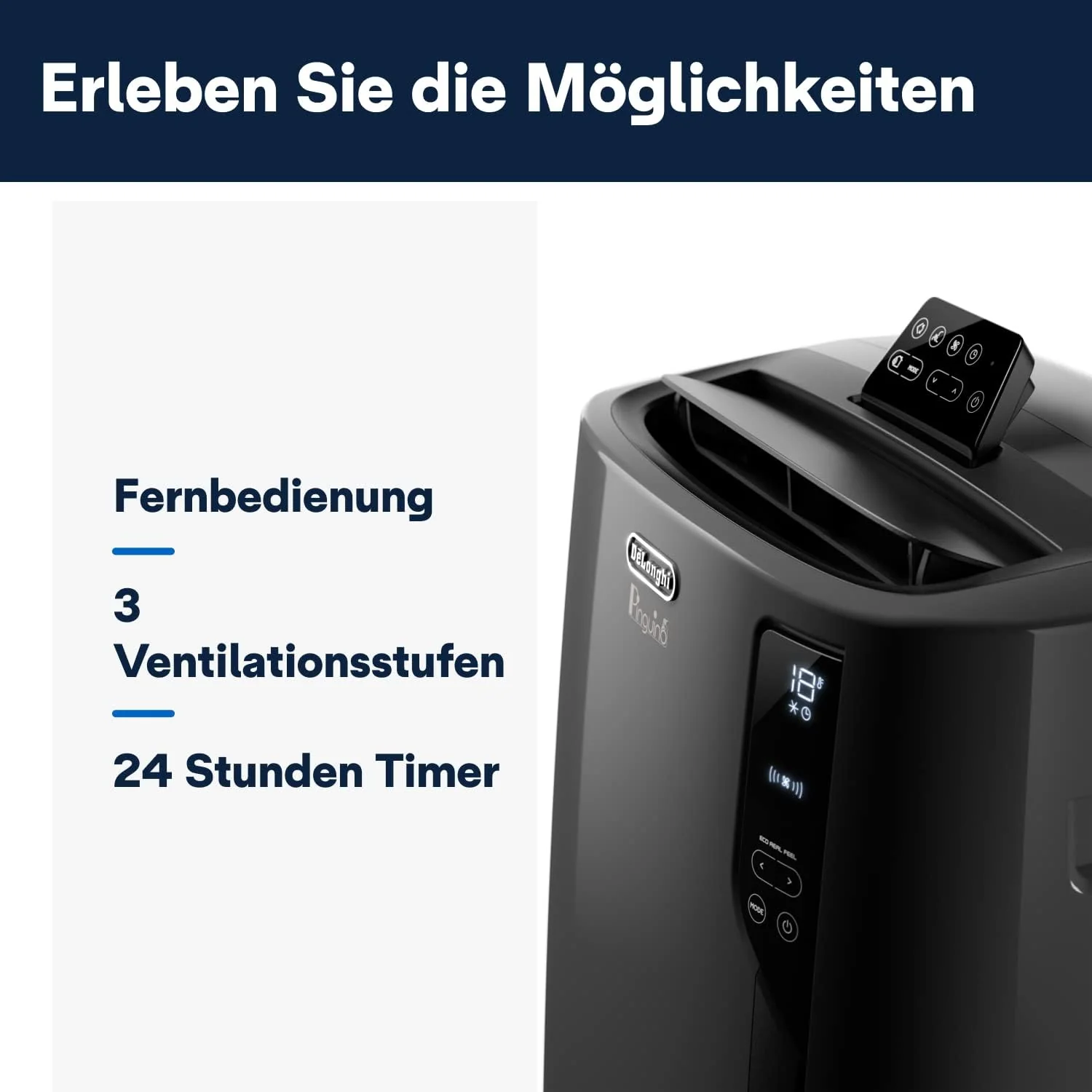 De'Longhi Pinguino PAC EL112 CST Condizionatore Portatile con Tubo, Climatizzatore per Ambienti Fino a 110 m³, Deumidificatore, Funzione Ventilazione, Timer 24h, Nero