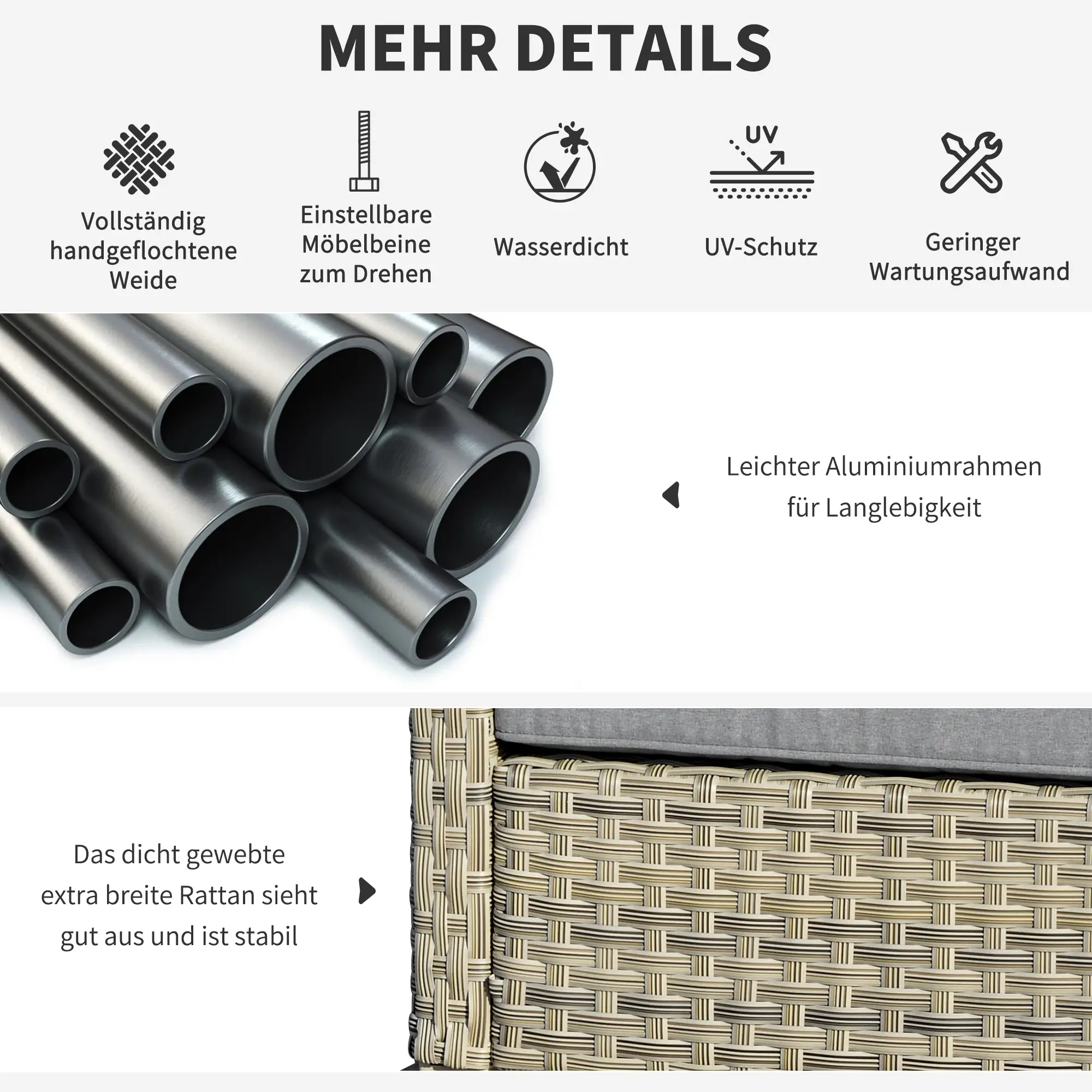 Outsunny Gartenmöbelset Rattan 5-teilig Outdoor Sofa Beistelltisch Aluminium