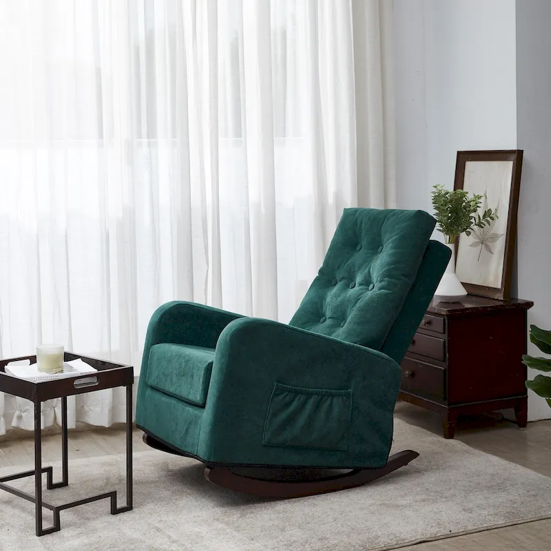 Modern 28.74 High Back Upholstered Buttons Tufted Rocking Chair with Solid Wood Legs and Side Pocket