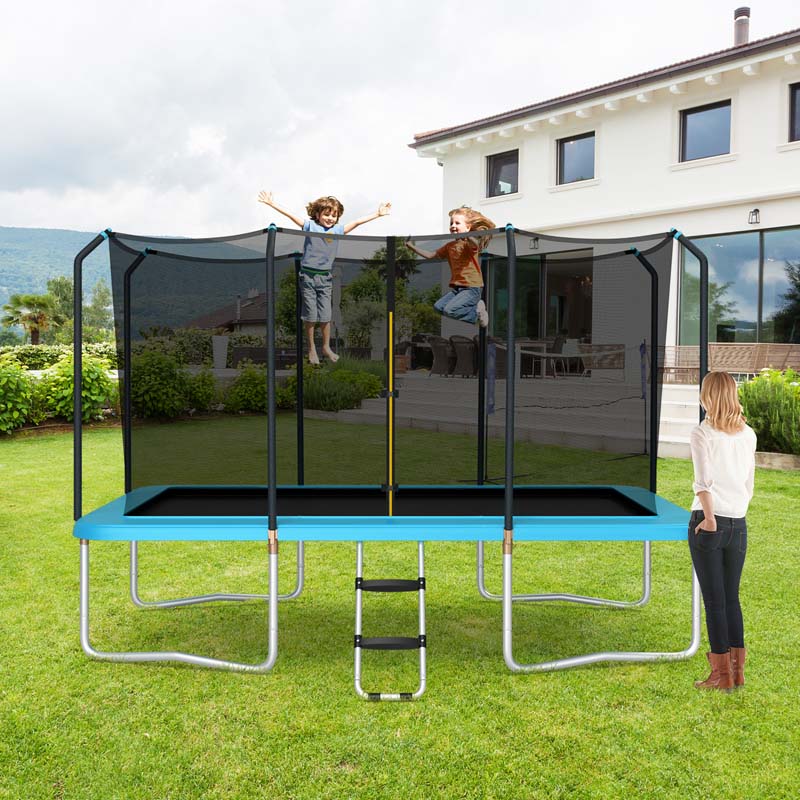 8 x 14 FT ASTM tanúsítvánnyal rendelkező téglalap alakú trambulin biztonsági hálóval és létrával