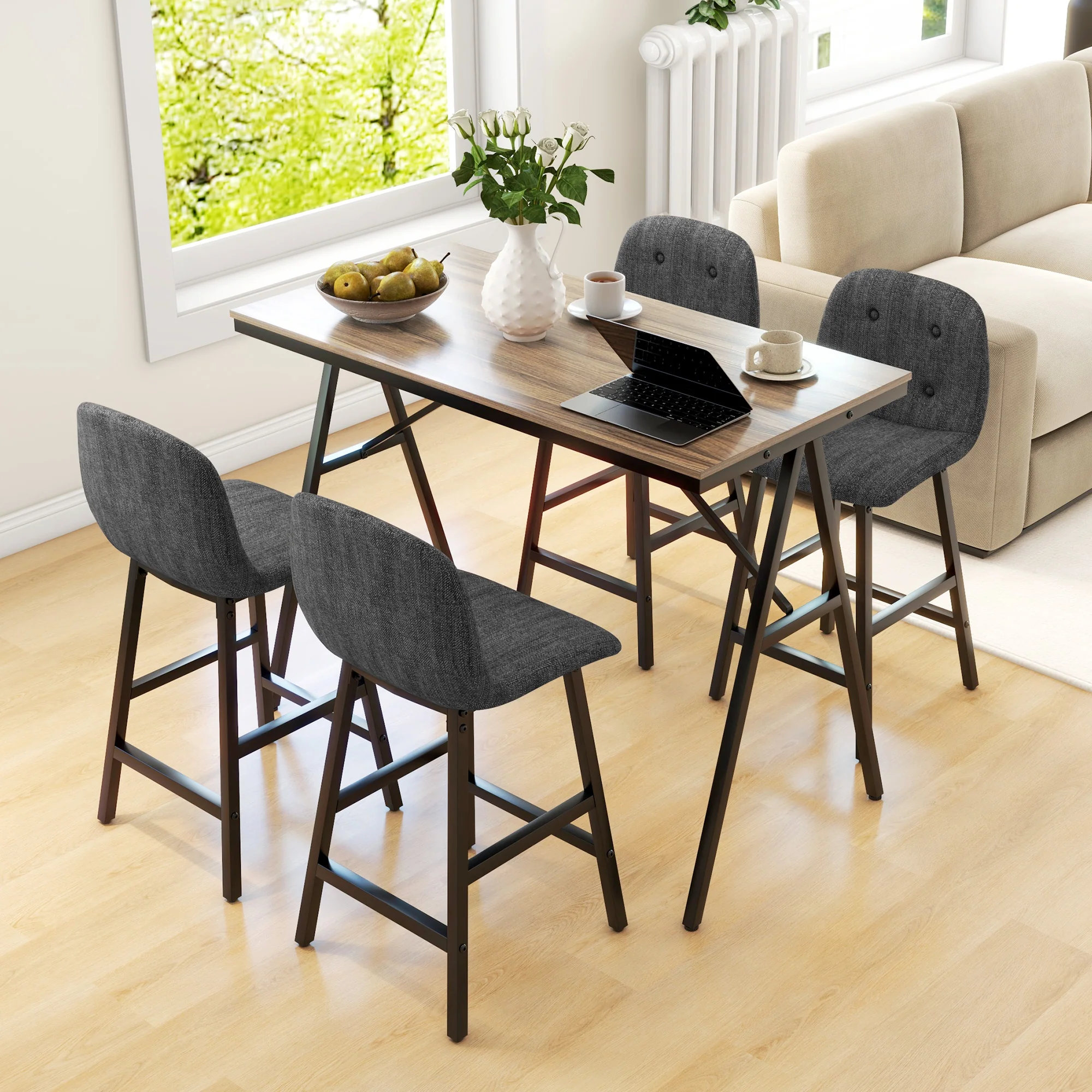 HOMCOM 5-delige Bargarnituur, Tafel en 4 Stoelen, Knoopafwerking, Dikke Bekleding, Linnenlook, Donkergrijs
