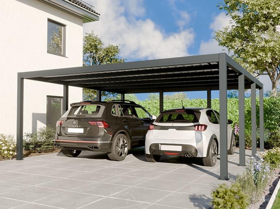 Tettoia per auto coperto in alluminio CARLTON 570 x 550 cm - 2 auto - 31,35 m2 - Grigio antracite