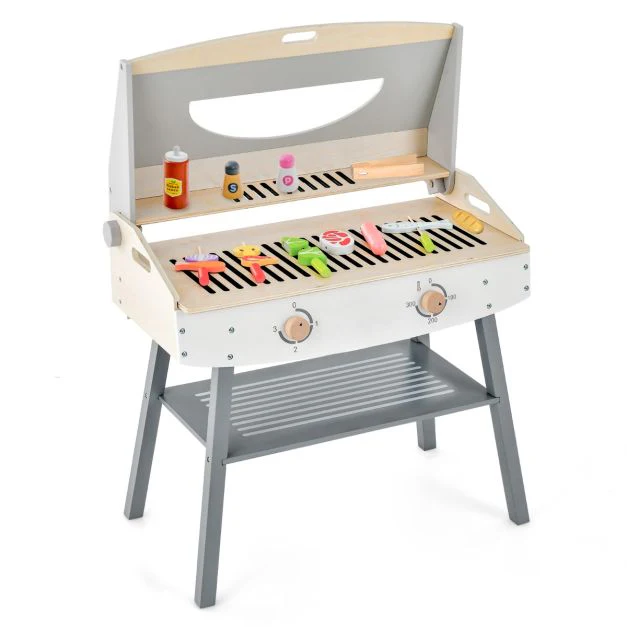 Barbecue giocattolo in legno per bambini 3 anni + 17 accessori coperchio ribaltabile suono realistico regali ideali