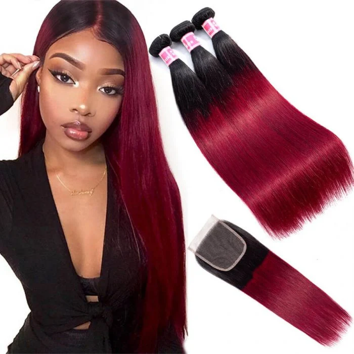 T1b/99J Burgundy Brazilian Straight Virgin Hair 3Bundles with 4x4 Lace Closure 100% Unprocessed Human Hair Extensions