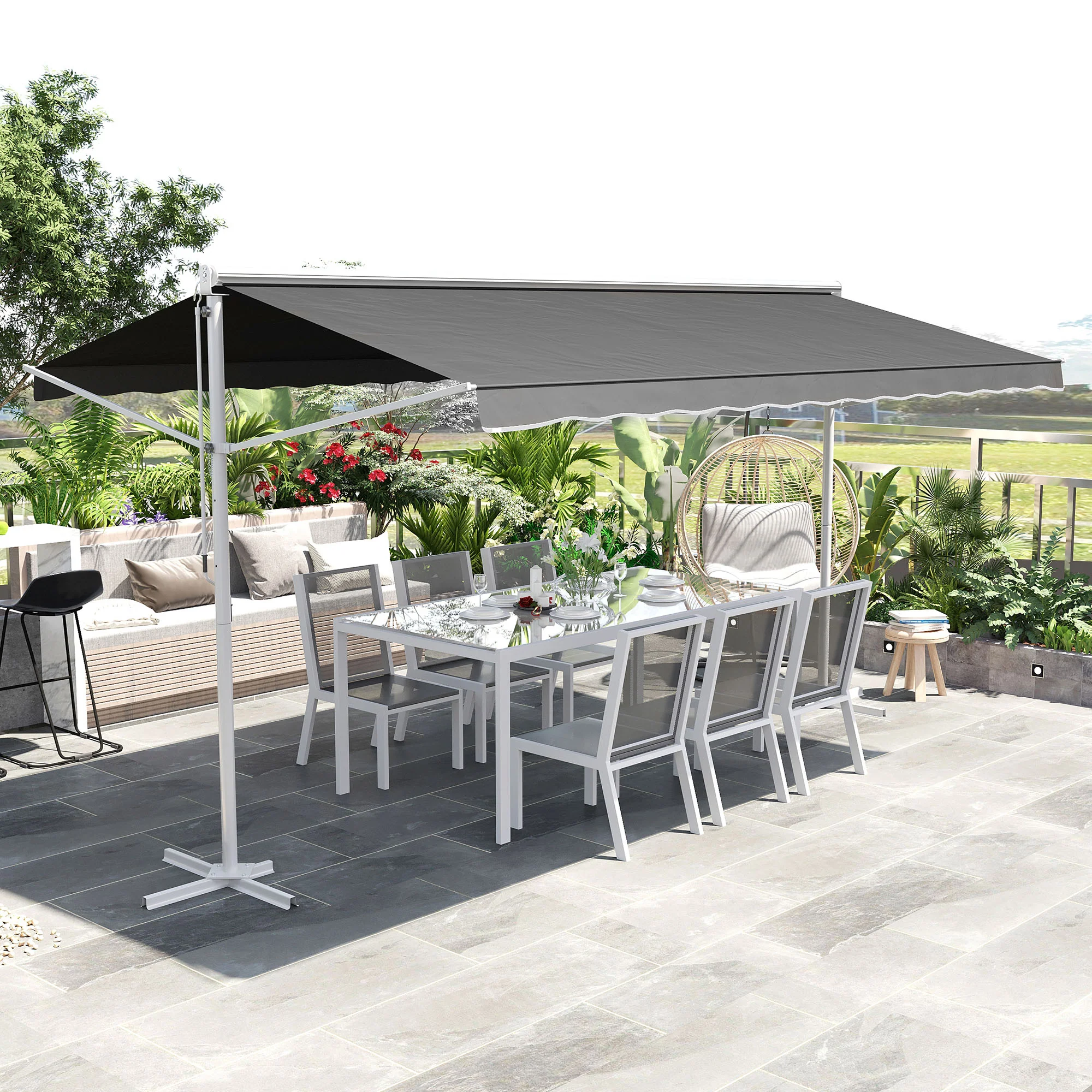 Outsunny Staande luifel met knikarm tuinluifel luifel zwengel grijs 4,5 x 3,42 m