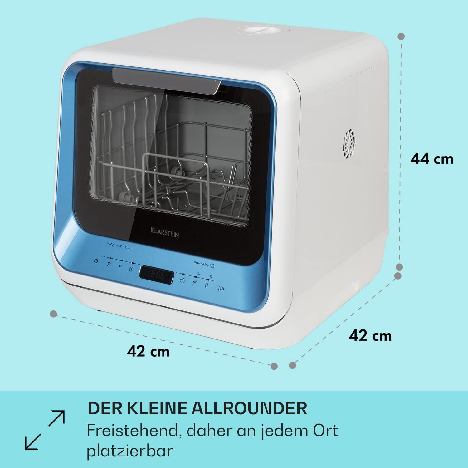 Klarstein Amazonia Mini Geschirrspüler – Kompakte Tischspülmaschine mit Wassertank, 7 Programme, 5L, Digitalanzeige, Leise 58dB, Energieeffizienzklasse D, Tragbar für kleine Küchen & Reisen, Blau