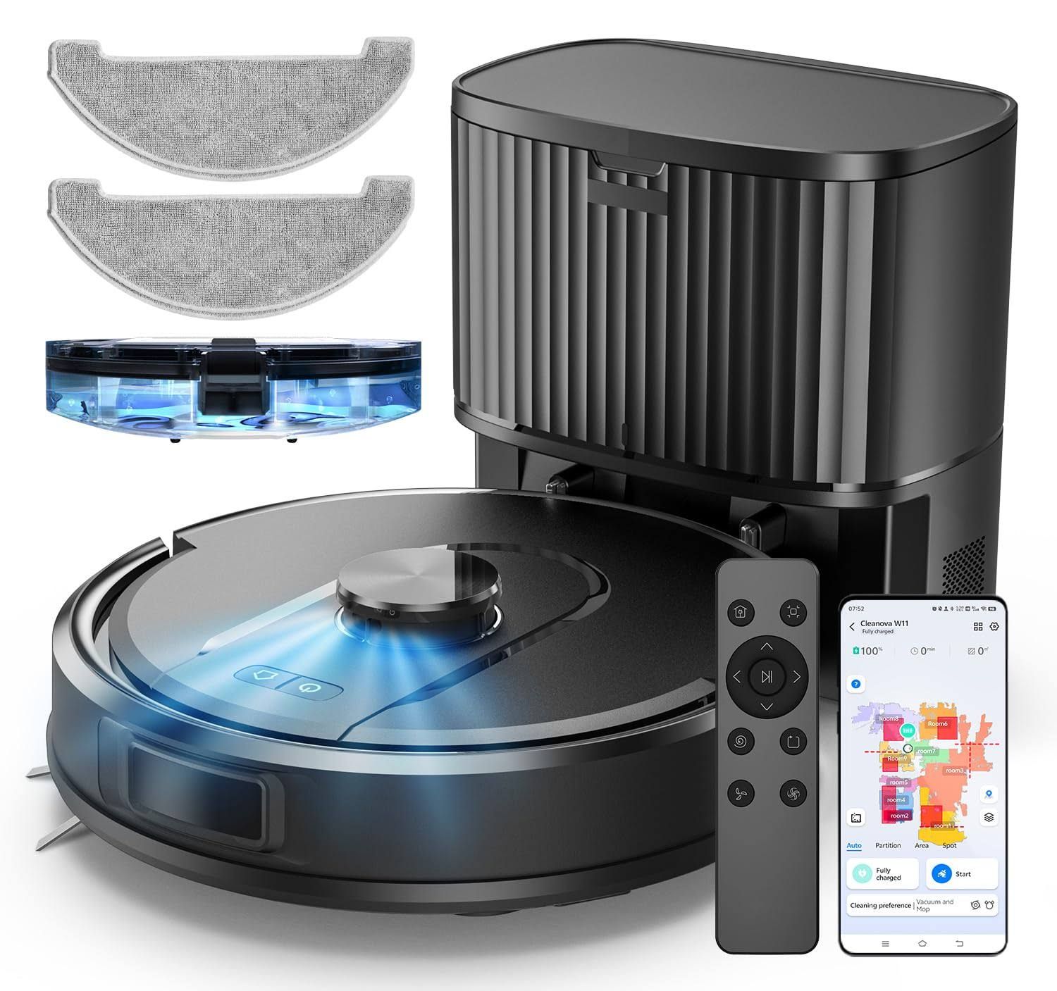 Vexilar Robot Aspirateur Laveur 5000Pa,Cleanova W11 Aspirateur Robot avec Vidange Automatique Poussière,Navigation LiDAR avec Cartographie,180min,