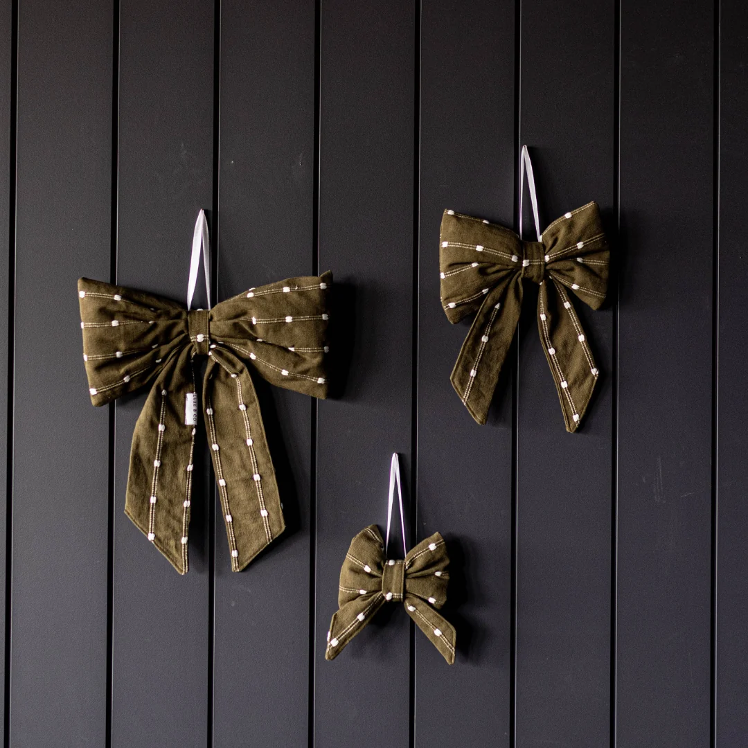 Olive Green & White Dotted Stripe Bows
