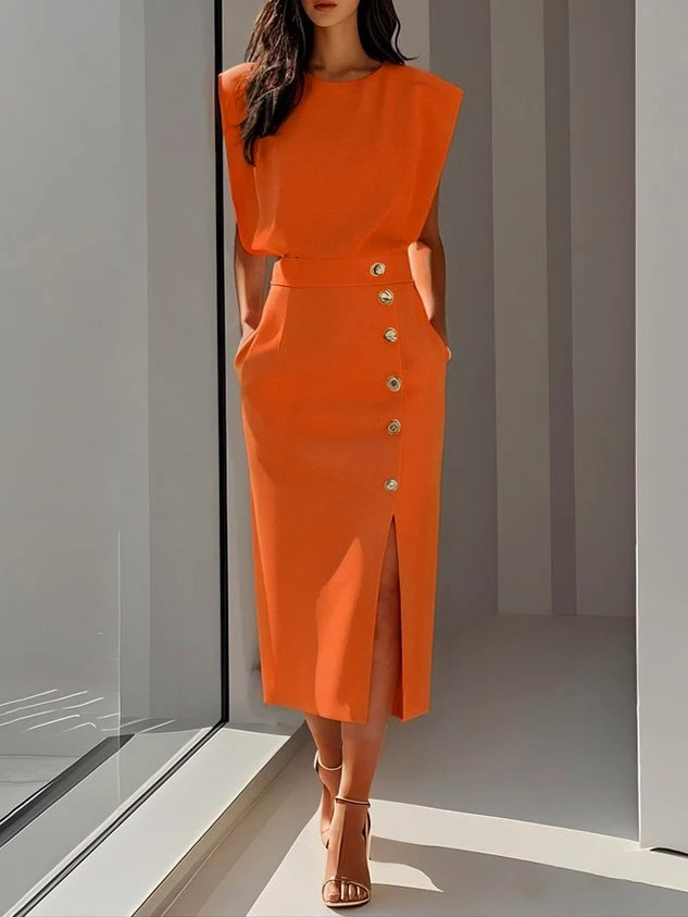 Women��s Midi Dress Sleeveless Button Front Elegant Style