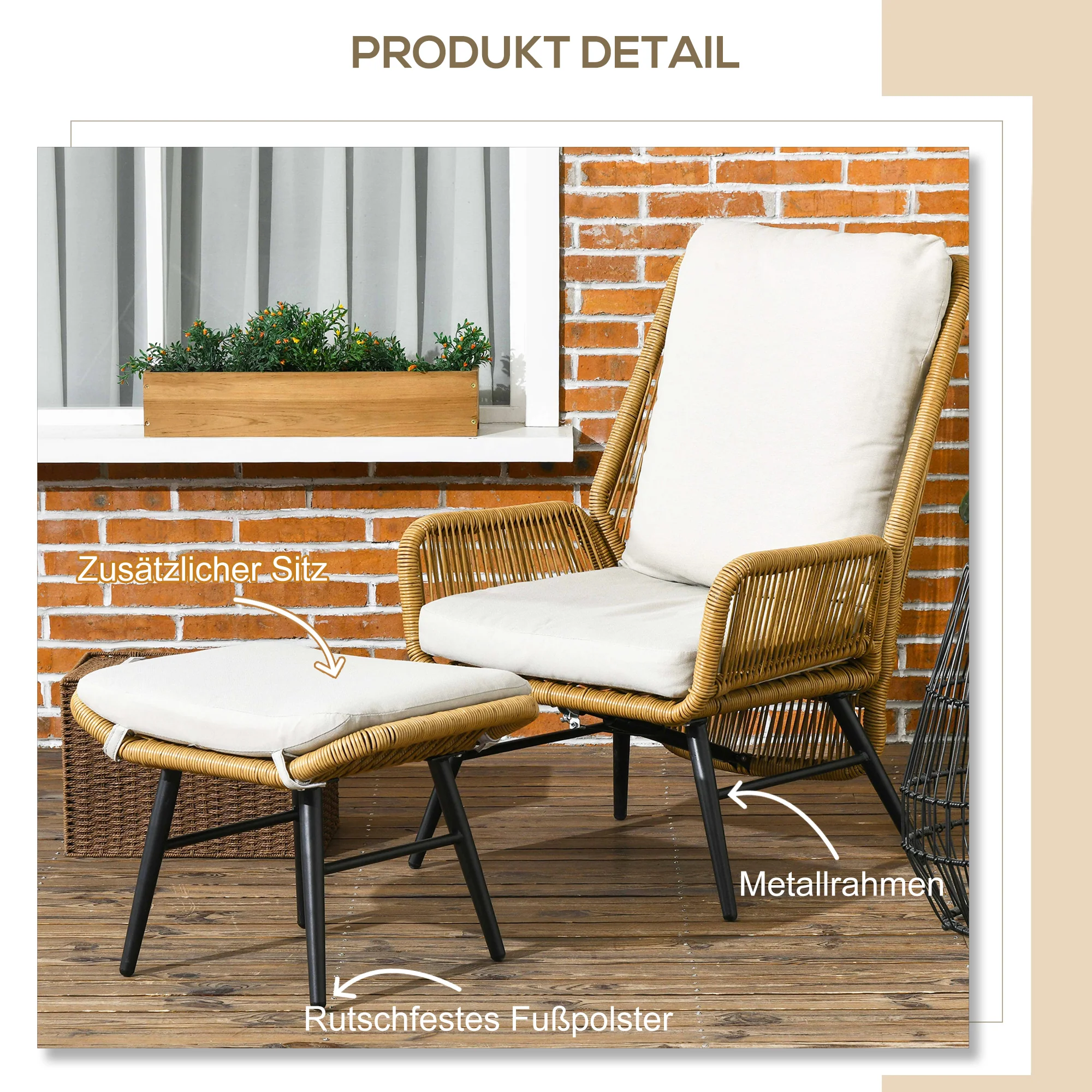 Outsunny Polyrattan Tuinstoel en Voetenbank, verstelbare leuning, Lichtbruin/Grijs/Zwart