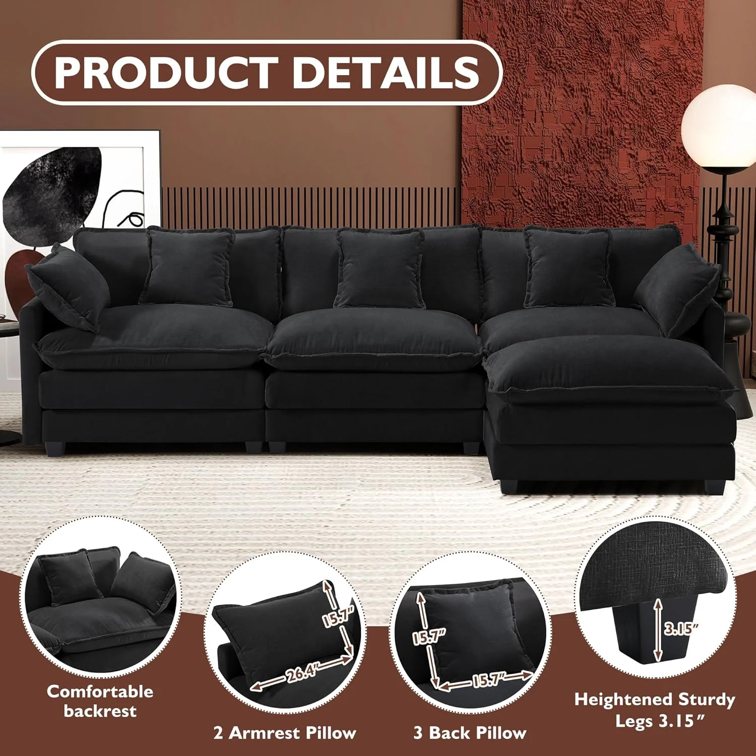 111.4 Inch L-Shaped Modern Sofa Modular Cloud Sofa Ottoman 4-Seater Chenille Deep Seat Sofa