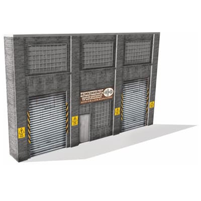 Background Industrial Building (gray, 2 tall roller doors, 3 large top window panels)