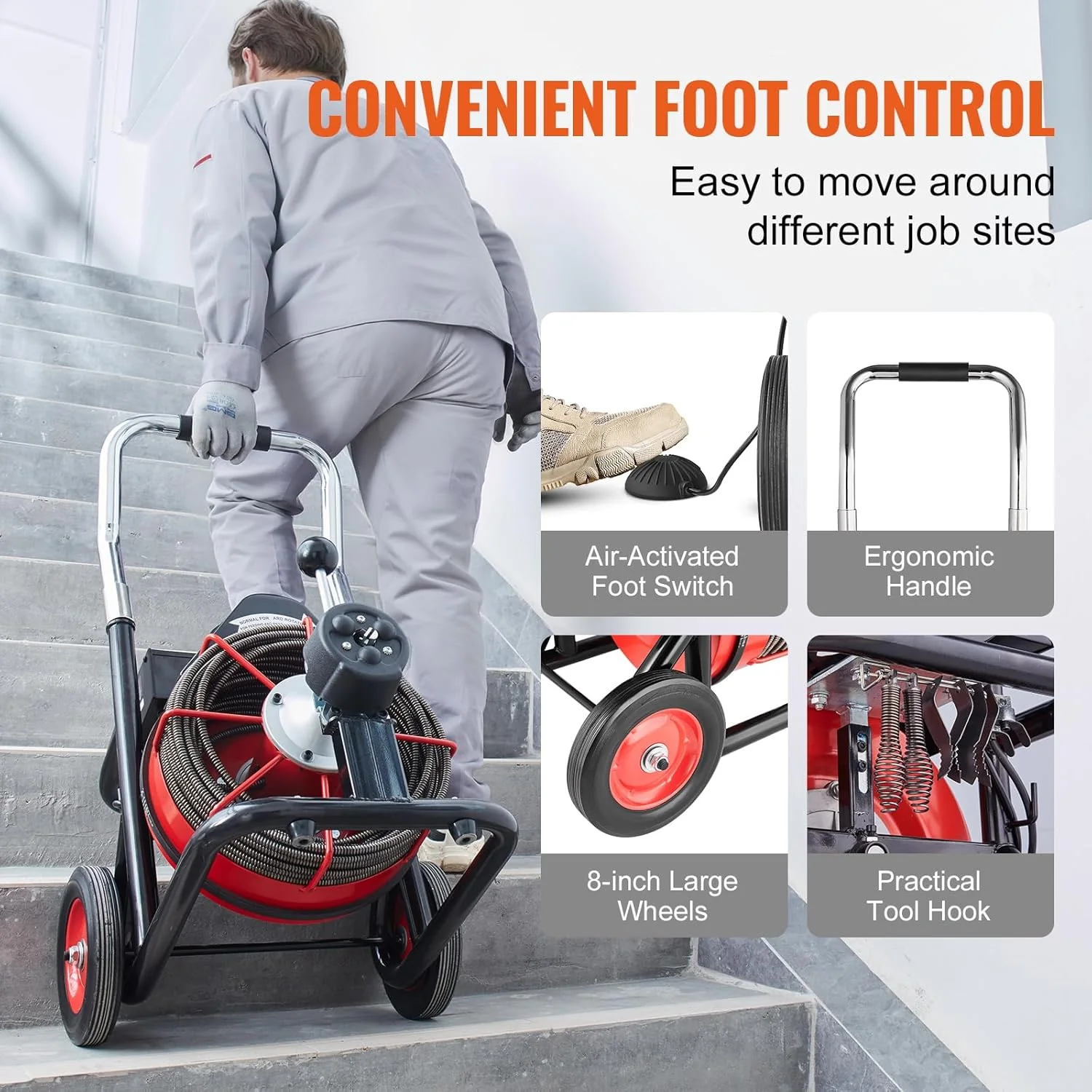 Drain Cleaner Machine 100FT x 1/2 Inch, Auto Feed Sewer Snake Auger on Wheels, 550W Portable Drain Cleaning Machine with 8 Cutters & Air-activated Foot Switch for 2