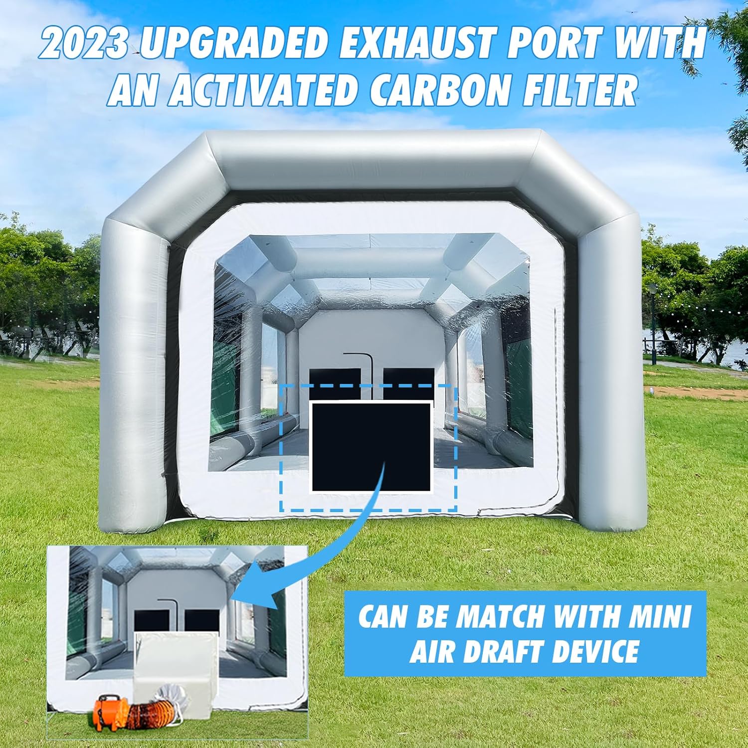 Cabina di Verniciatura Gonfiabile 14x10x8.5 Ft con Filtri Doppi e Sovradimensionati e Due Soffiatori (480W + 370W), Più Resistente – Tenda Gonfiabile Portatile per Verniciatura di Parti Auto e Mobili