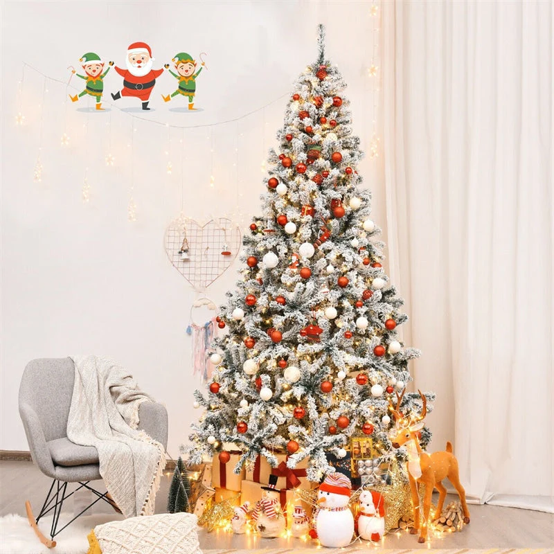 Premium Pre-Lit Snow Flocked Artificial Christmas Tree with Hinged Branch Tips & LED Lights
