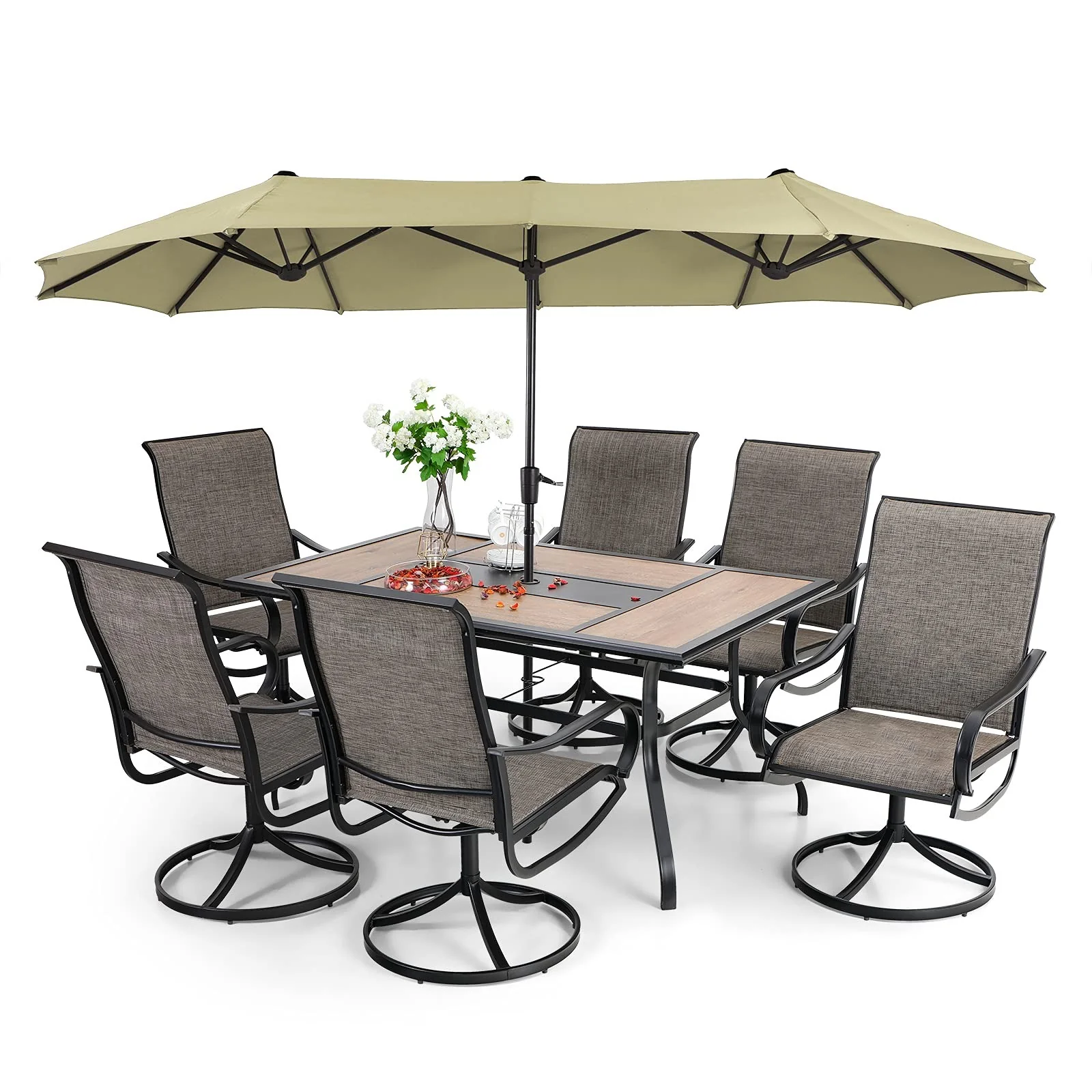 8-piece patio dining set with parasol, garden furniture set with 6 swivel dining chairs with mesh covers