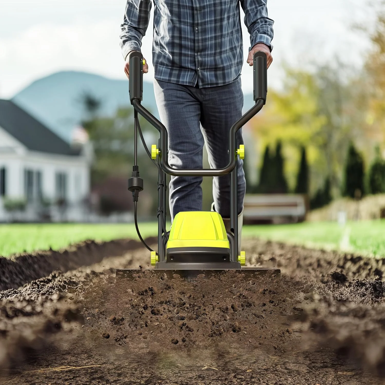 Electric Tiller, 15-Amp 18-Inch Width 9-Inch Depth Corded Tiller Cultivator 24 Durable Steel Tines Gardening Tiller with Adjustable Wheels Foldable Handle for Easy Soil Cultivation