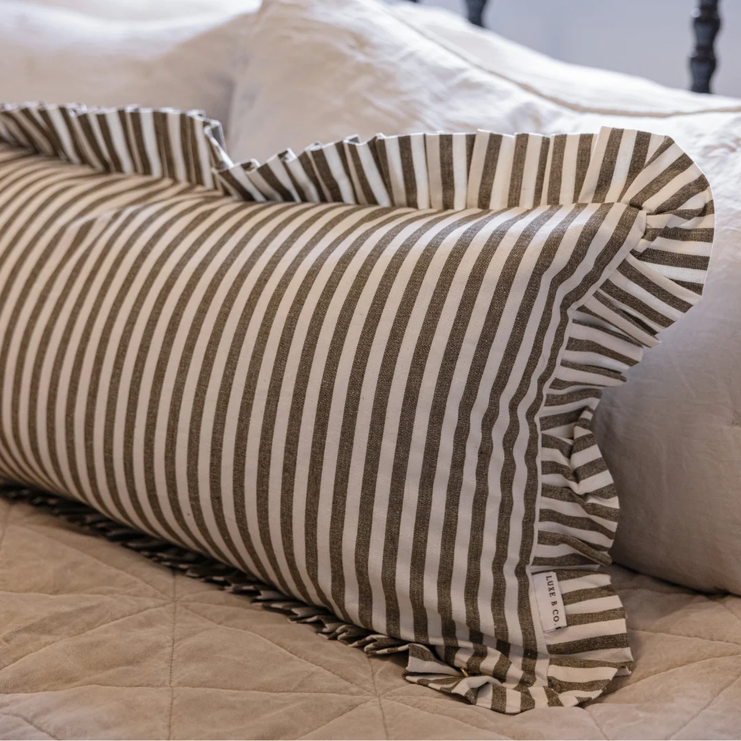 Ruffle Bolster Cover Olive Stripes