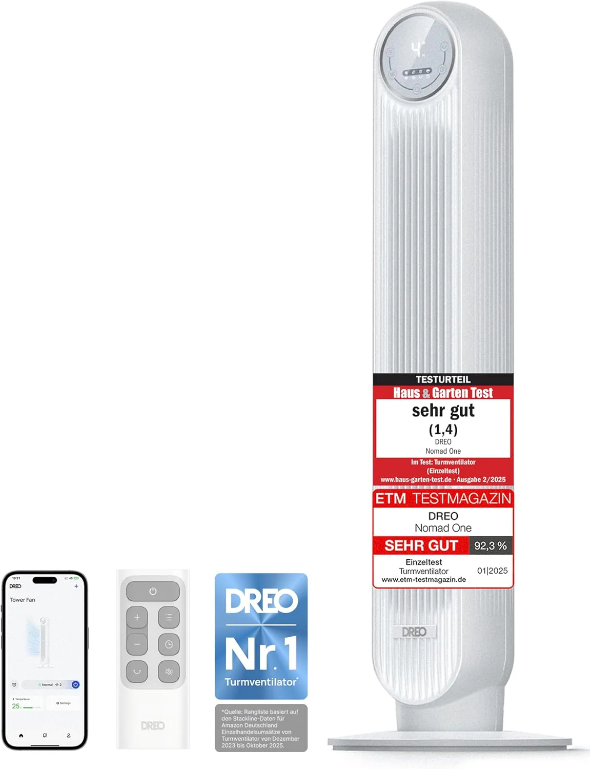 Dreo Smart 20dB Csendes Toronyventilátor, 10 m Hatótávolság, 4 Sebességfokozat, 4 Üzemmód, 8 Órás Időzítő, 90°-ban Oszcilláló Ventilátor Hűtéssel, Wi-Fi és Távirányítóval Hálószobába, Nomad OneS, Fehér