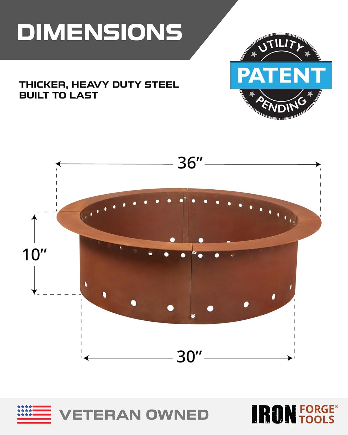 Heavy Duty Metal Smokeless Permanent Fire Pit Ring 36 inch Outer/30 inch Round Fire Pit Insert Liner for Outdoor, Firepits for Outside Corten Steel (36x30x10), Patent Pending
