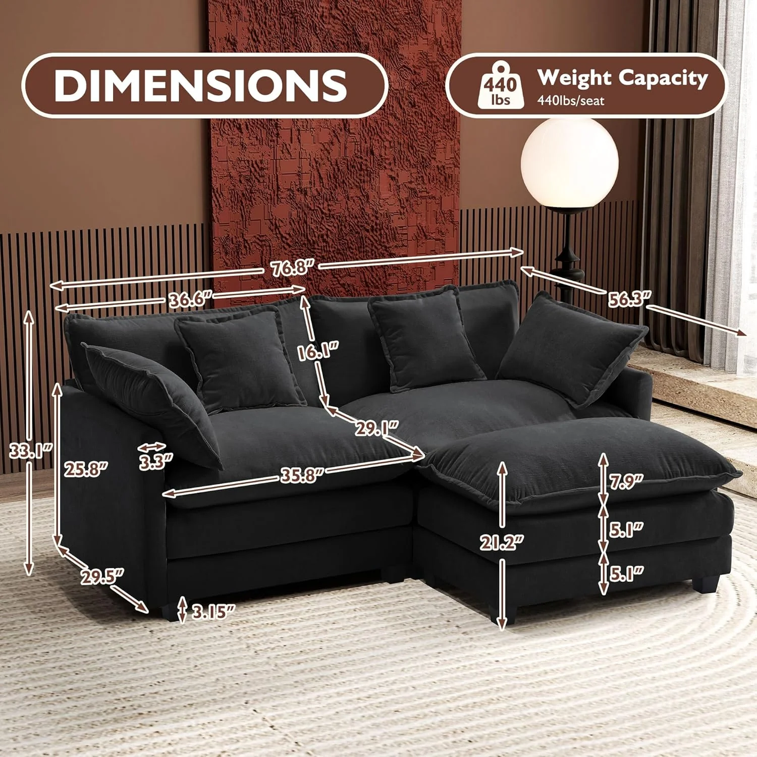 111.4 Inch L-Shaped Modern Sofa Modular Cloud Sofa Ottoman 4-Seater Chenille Deep Seat Sofa