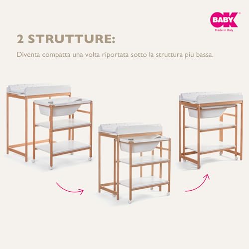 OKBABY Woody   Fasciatoio in Legno con Vaschetta Ergonomica e Ruote, Completo di Materassino Soffice per il Cambio del Neonato   0 12 Mesi (11kg)   Bianco : Amazon.it: Prima infanzia