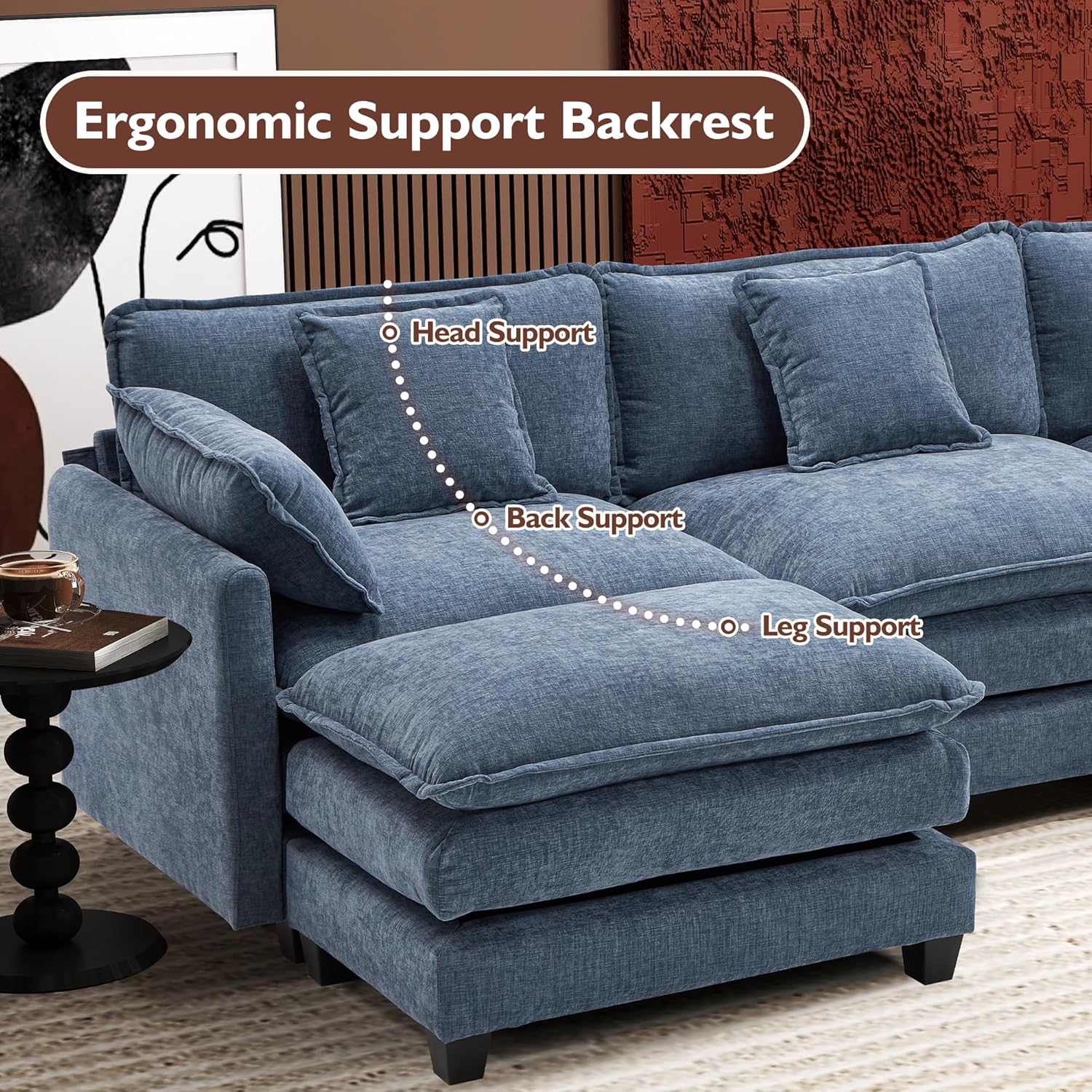 111.4 Inch L-Shaped Modern Sofa Modular Cloud Sofa Ottoman 4-Seater Chenille Deep Seat Sofa