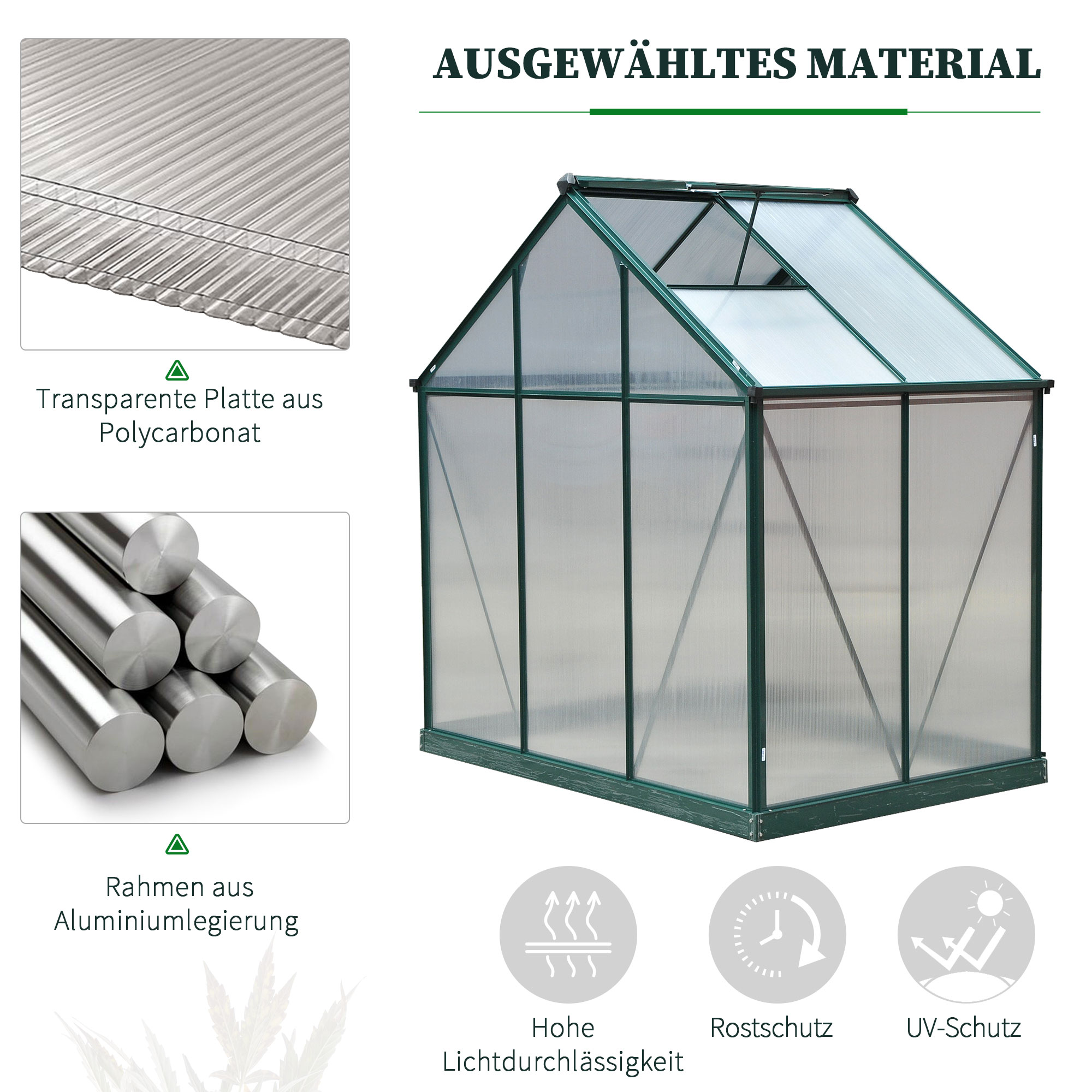 Outsunny kas aluminium kas met dakraam deur 190 x 132 x 201 cm plantenhuis met fundering inloop tomatenhuis weerbestendig polycarbonaat groen + transparant